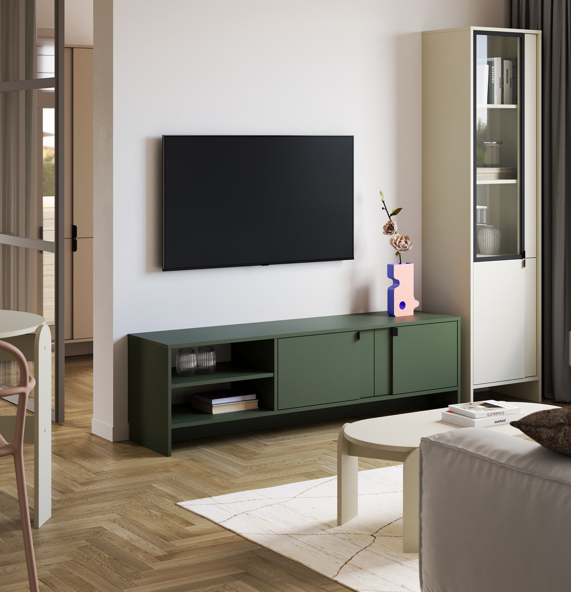 LAYERS RTV-Schrank LAY02
Farbe: Precious Emerald
Zweite Schicht Frontfarbe: Precious Emerald
Griff: LAYERS 42 Griff aus tiefem Basalt