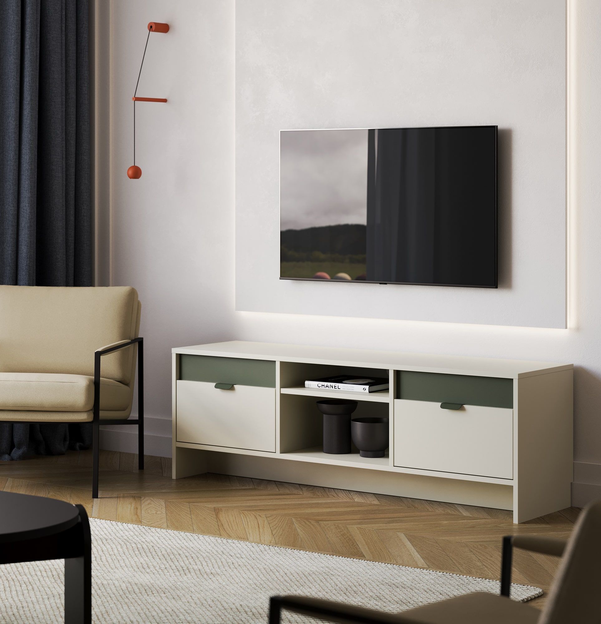 LAYERS RTV-Schrank LAY03
Farbe: Milky Way
Farbe der zweiten Schicht vorne: Cypress grün
Griff: LAYERS 110 Griff Zypressengrün
