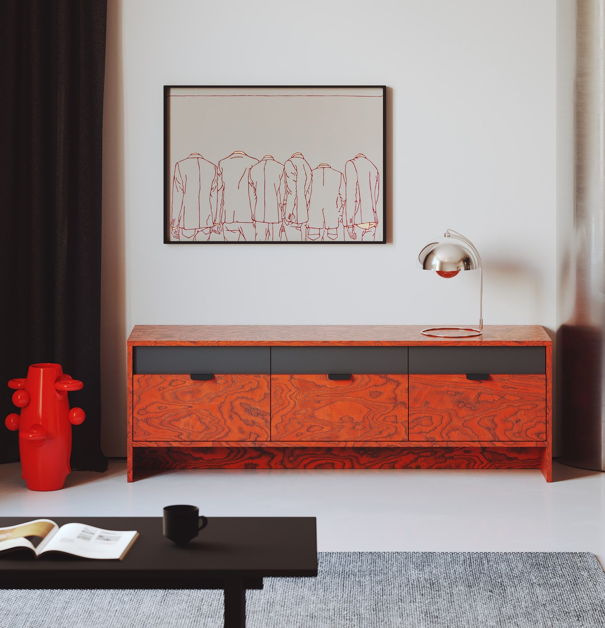 LAYERS RTV-Schrank LAY05
Farbe: Sottsass Rotes Furnier
Farbe der zweiten Schicht der Front: Diamantgrau
Griff: LAYERS 110 Griff Black Onyx