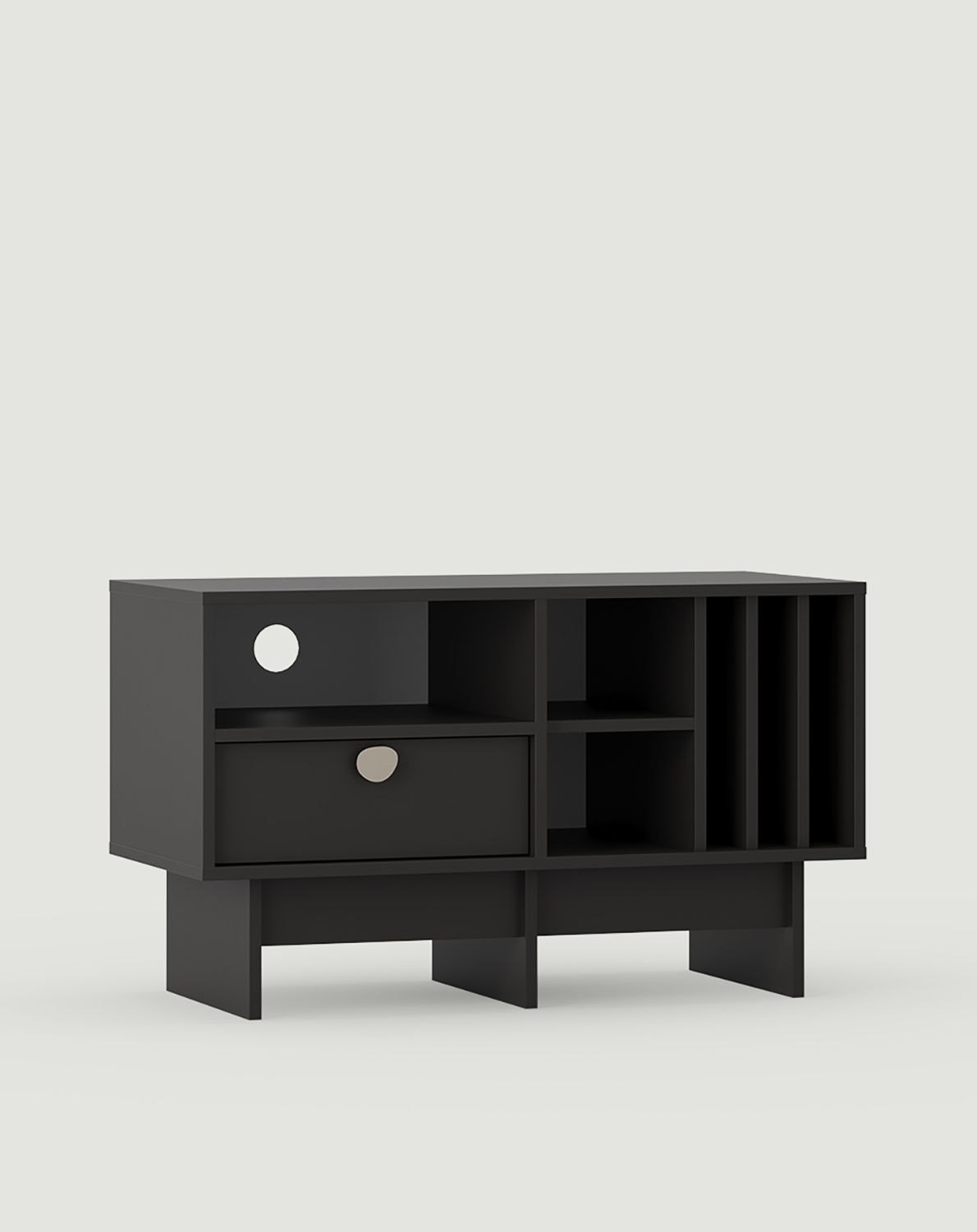 KABE KTV1SW Vinyl-RTV-Schrank im JAPANDI-Stil
Farbe: Tiefbasalt
Griff: Beigefarbener Stahlgriff