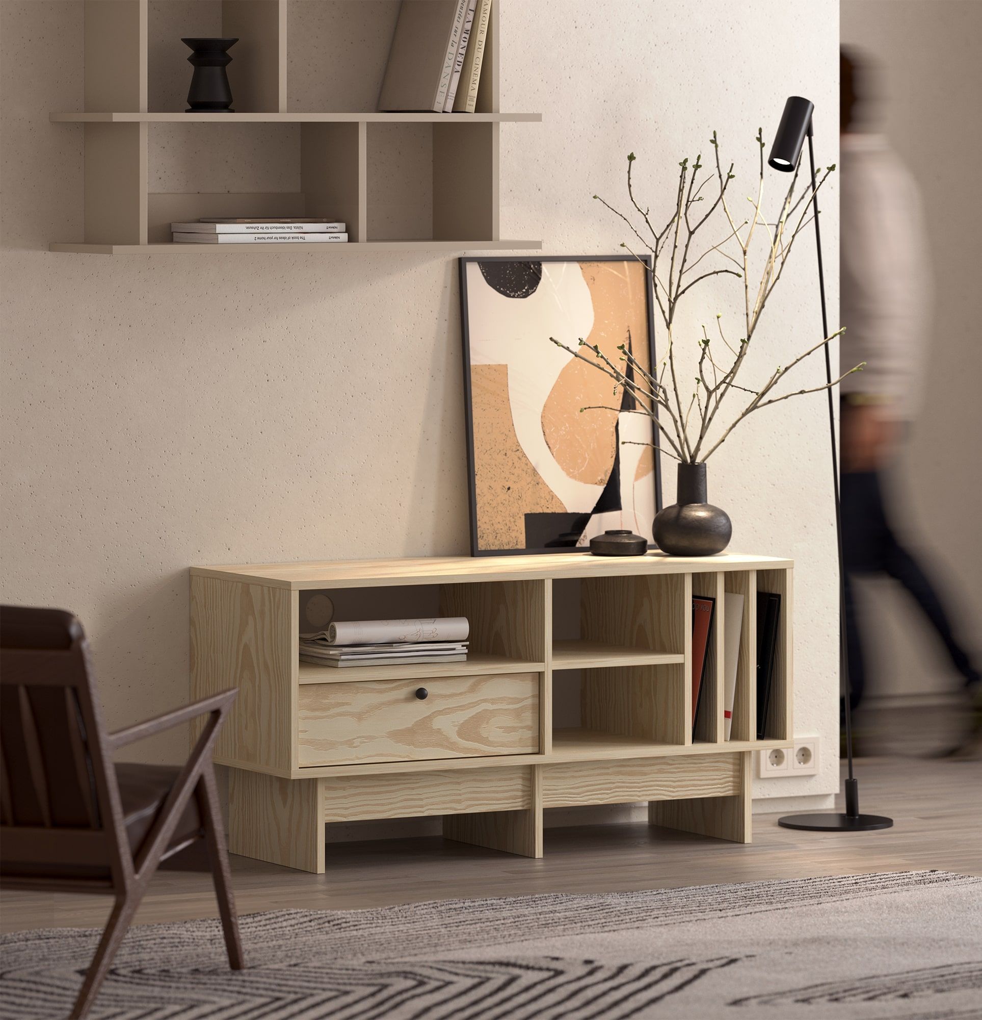 KABE KTV1SW Vinyl-RTV-Schrank im JAPANDI-Stil
Farbe: Flamme Kiefer
Griff: Kugelgriff Schwarz KD