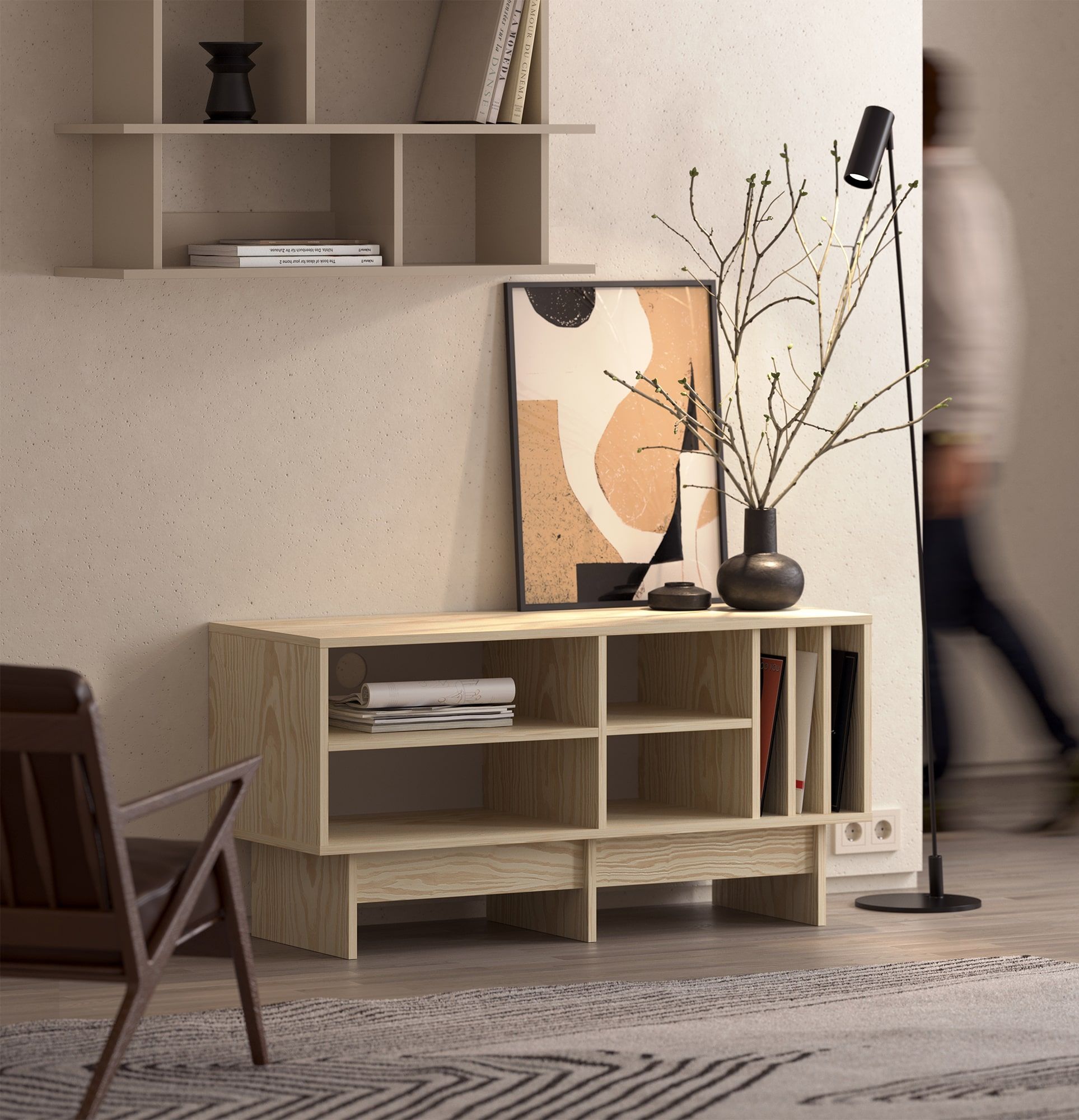 KABE KTV1W Vinyl-RTV-Schrank im JAPANDI-Stil
Farbe: Flamme Kiefer