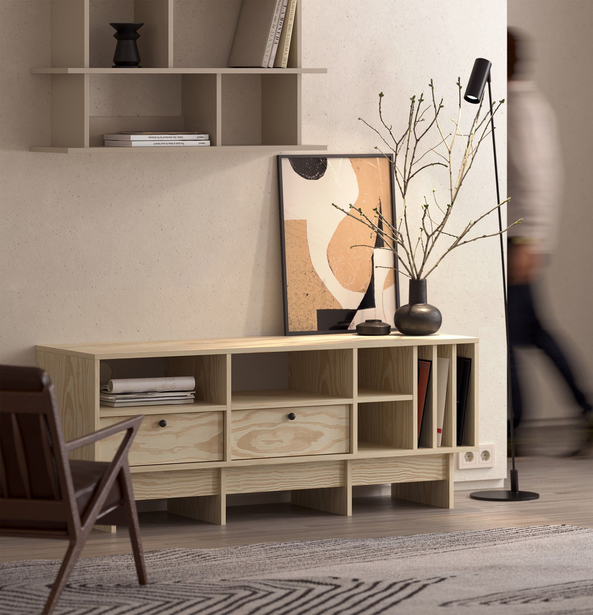 KABE KTV2SW Vinyl-RTV-Schrank im JAPANDI-Stil
Farbe: Flamme Kiefer
Griff: Kugelgriff Schwarz KD
