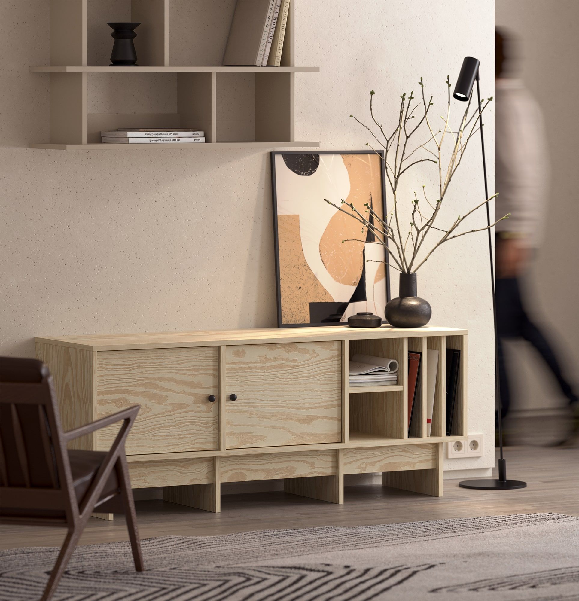 KABE KTV2W Vinyl-RTV-Schrank im JAPANDI-Stil
Farbe: Flamme Kiefer
Griff: Kugelgriff Schwarz KD