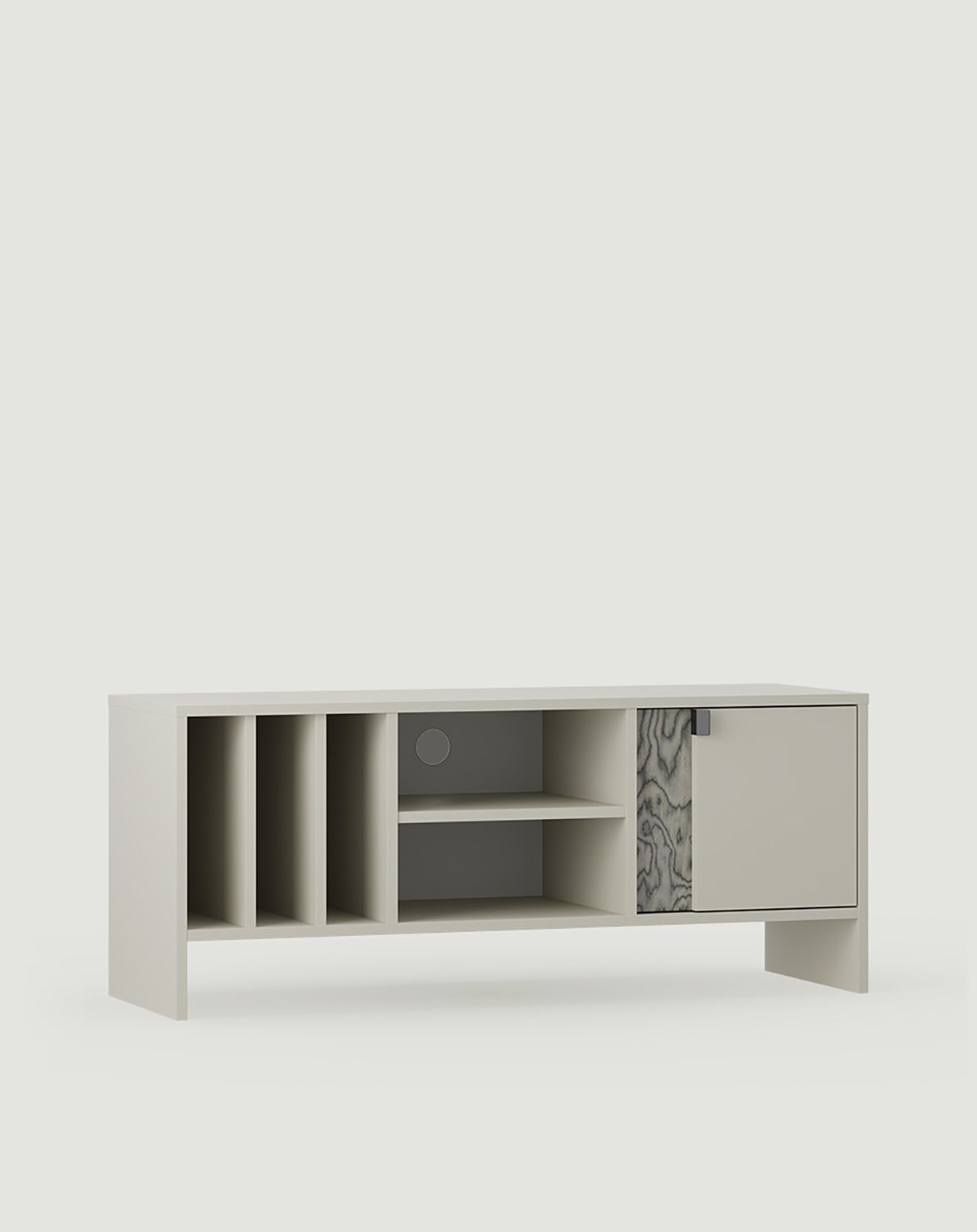 LAYERS Vinyl-RTV-Schrank LAY07
Farbe: Milky Way
Farbe der zweiten Schicht der Vorderseite: Sottsass Grey Furnier
Griff: LAYERS 42 Griff Black Onyx