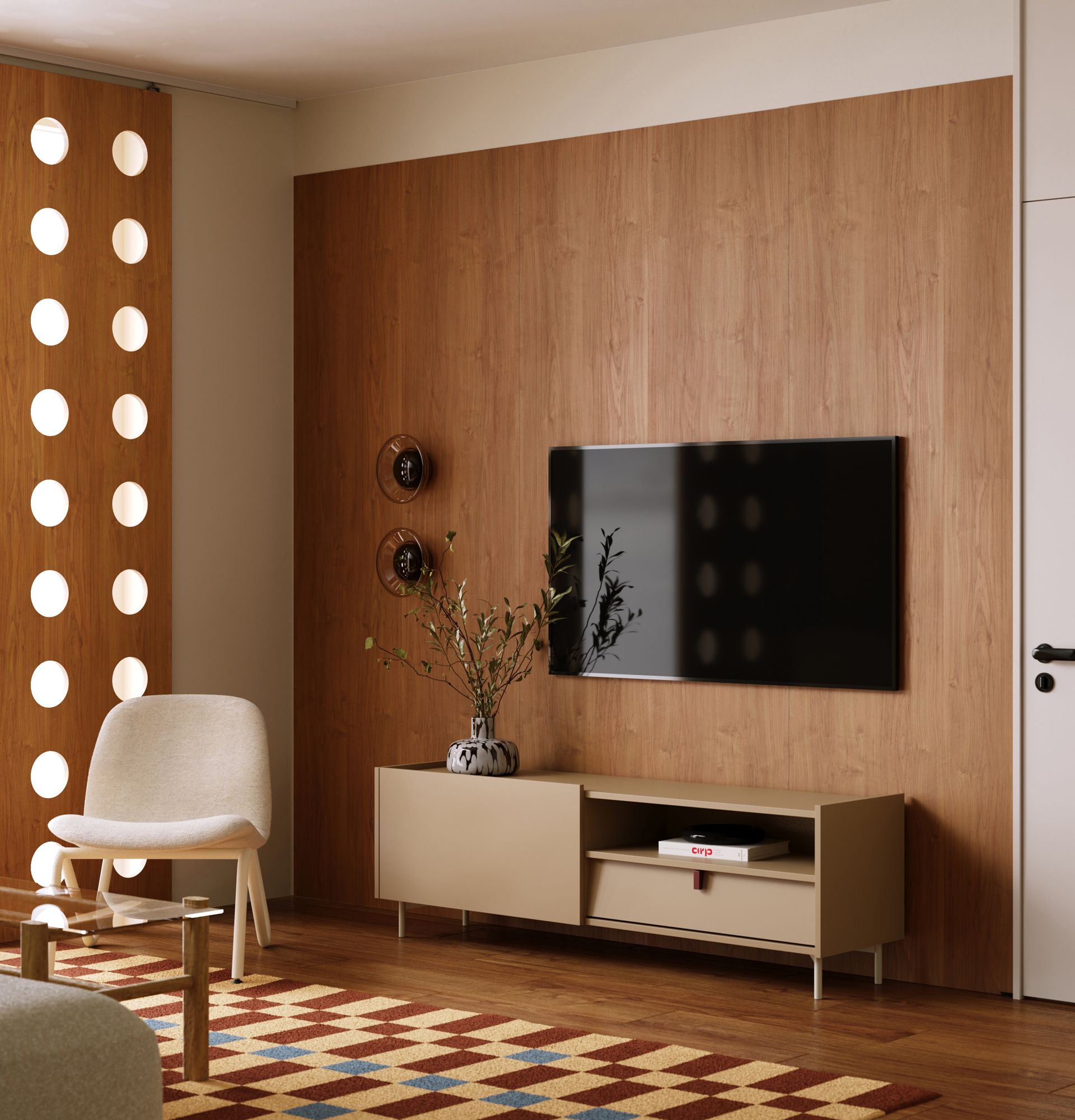RTV SKRA SKR04 Schrank
Farbe: Cappuccino
Griff: Burgundischer Keil
Beine: SKRA Milky Way
