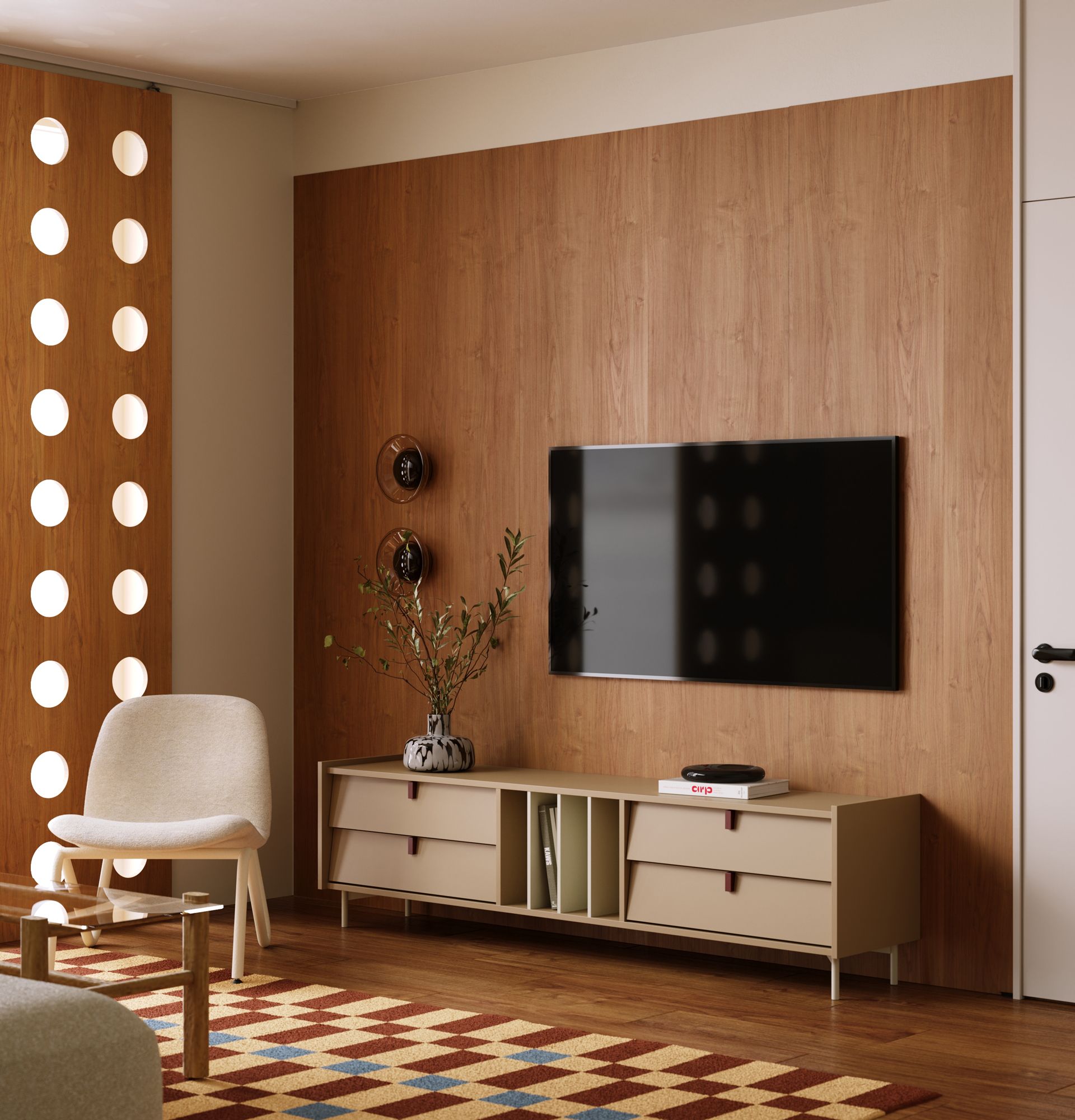 RTV SKRA SKR09 Schrank
Farbe: Cappuccino
Griff: Burgundischer Keil
Beine: SKRA Milky Way
                            