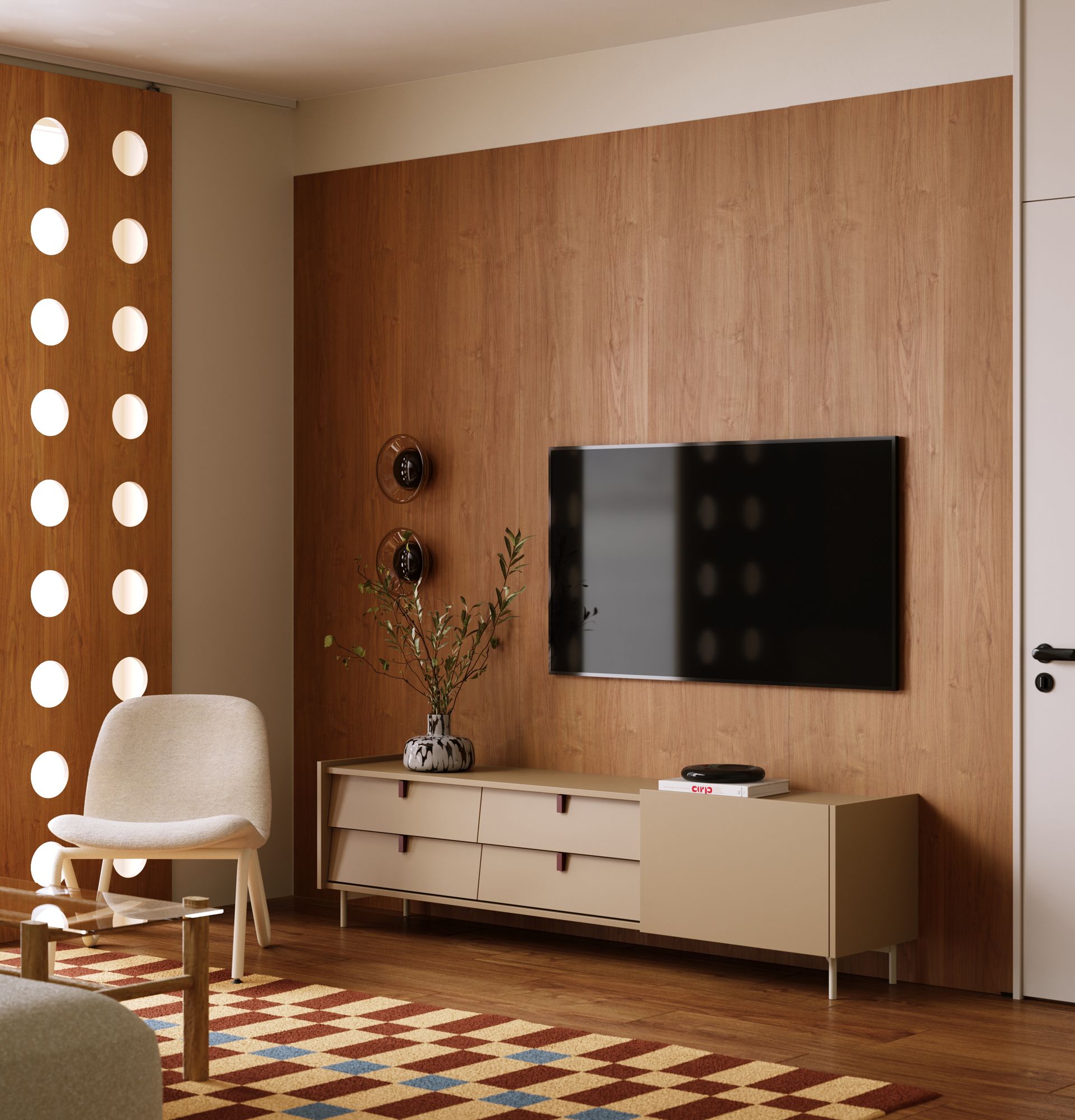 RTV SKRA SKR13 Schrank
Farbe: Cappuccino
Griff: Burgundischer Keil
Beine: SKRA Milky Way
