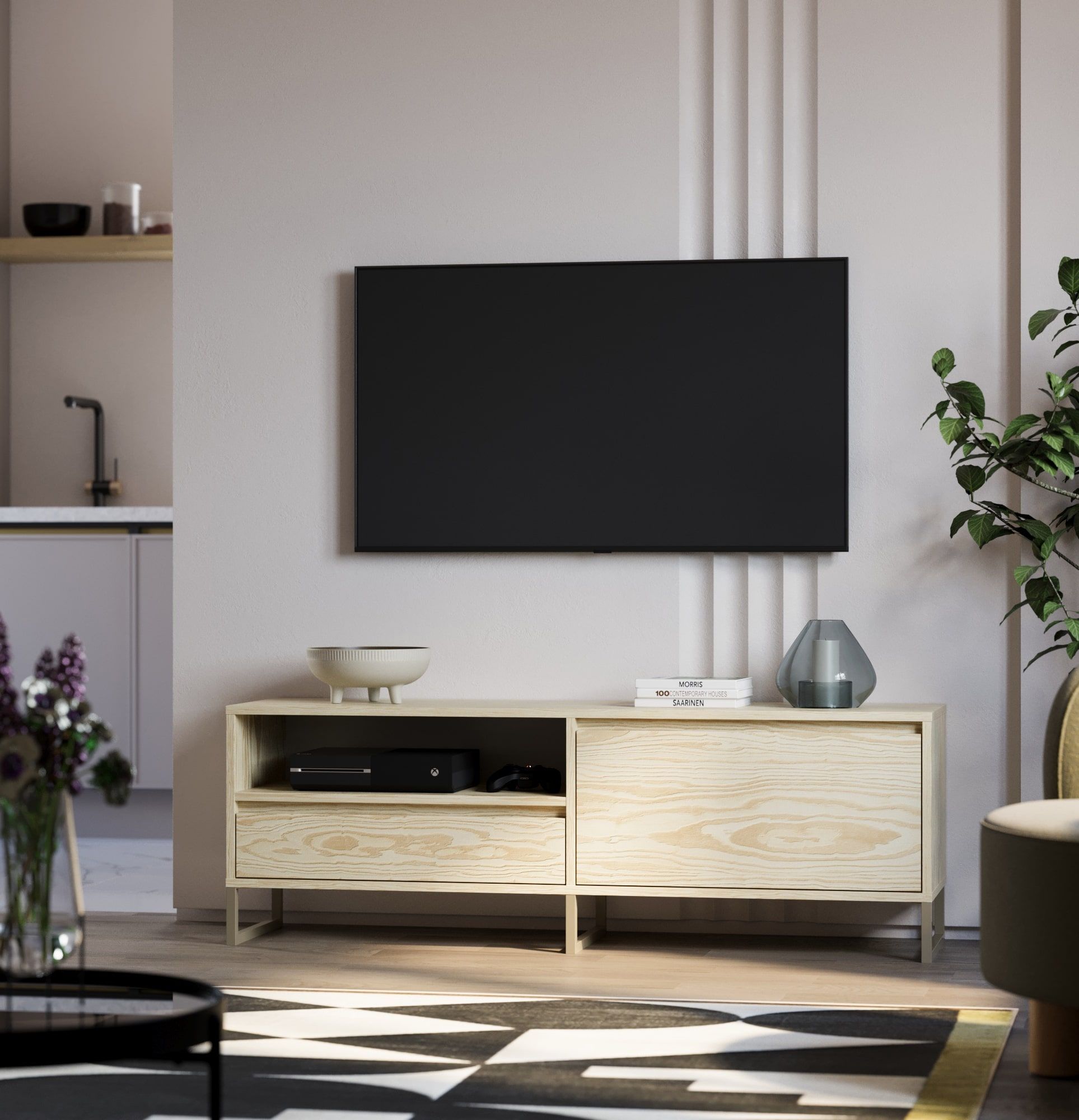 RTV-Schrank ODIS BTV1
Farbe: Kiefer geflammt
Farbe der Beine: Graubeige Beine
                            