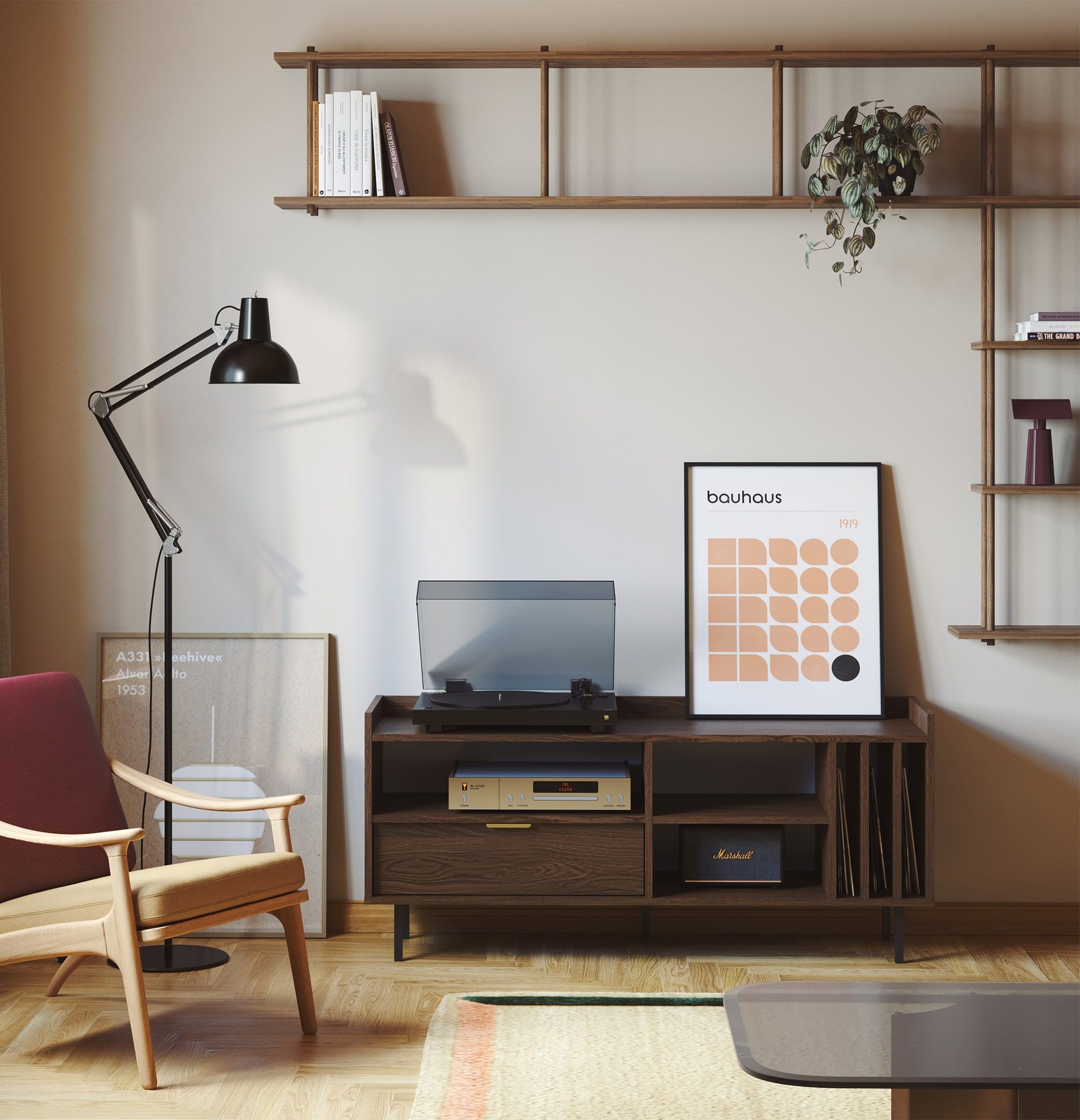 SIGI Vinyl-RTV-Schrank STV1SW
Farbe: Eiche Dunkel Furnier
Bein: Schwarz
Griff: LING Gold