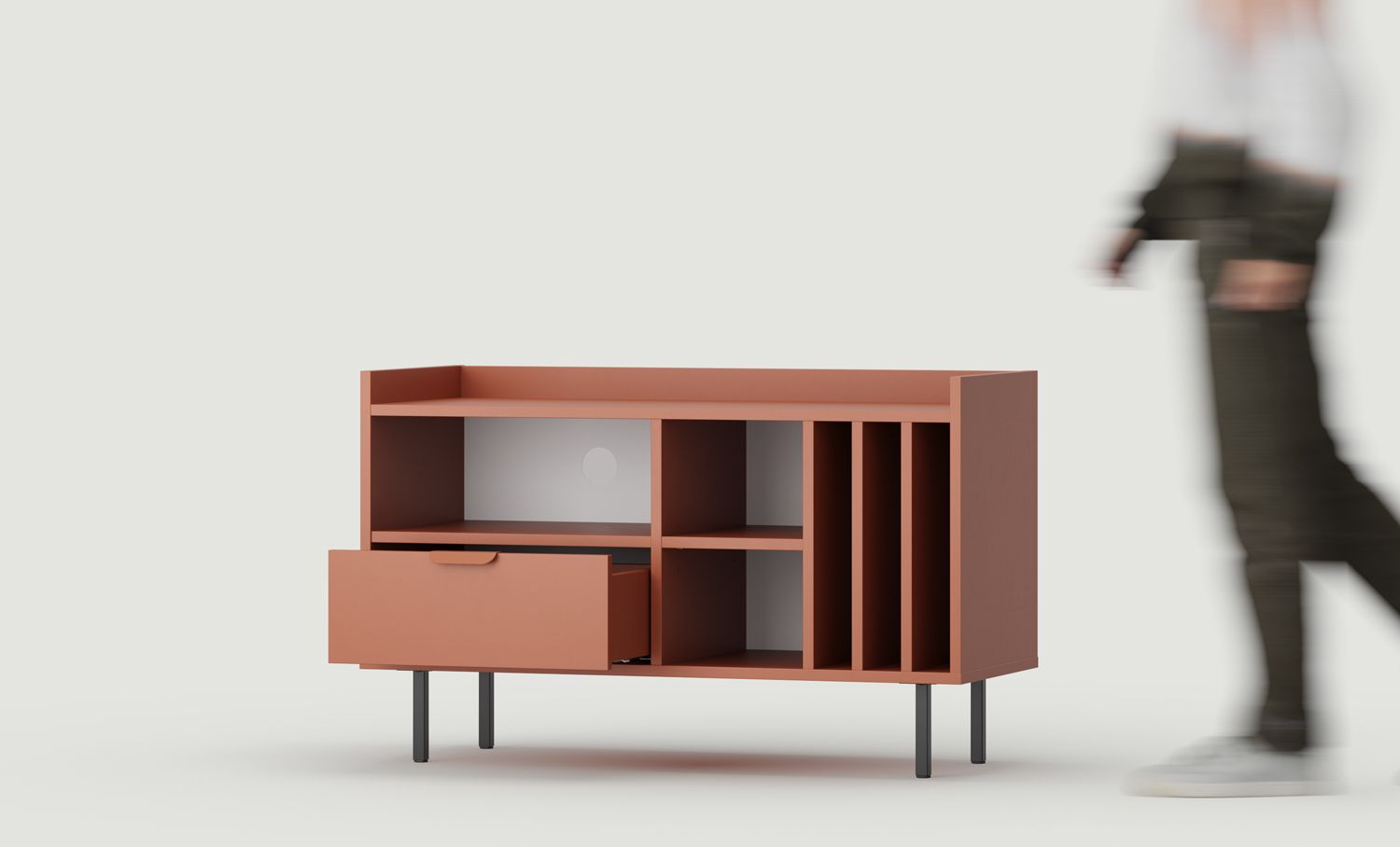 SIGI Vinyl-RTV-Schrank STV1SW
Farbe: Feuriges Terrakotta
Bein: Schwarz
Griff: LAYERS 110 Flamme Terracotta