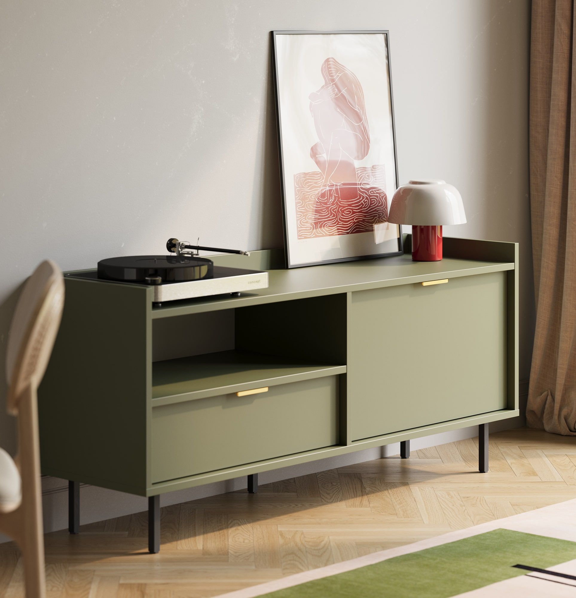 RTV-Schrank SIGI S2TV1
Farbe: Zypressengrün
Bein: Schwarz
Handgriff: Ling Gold