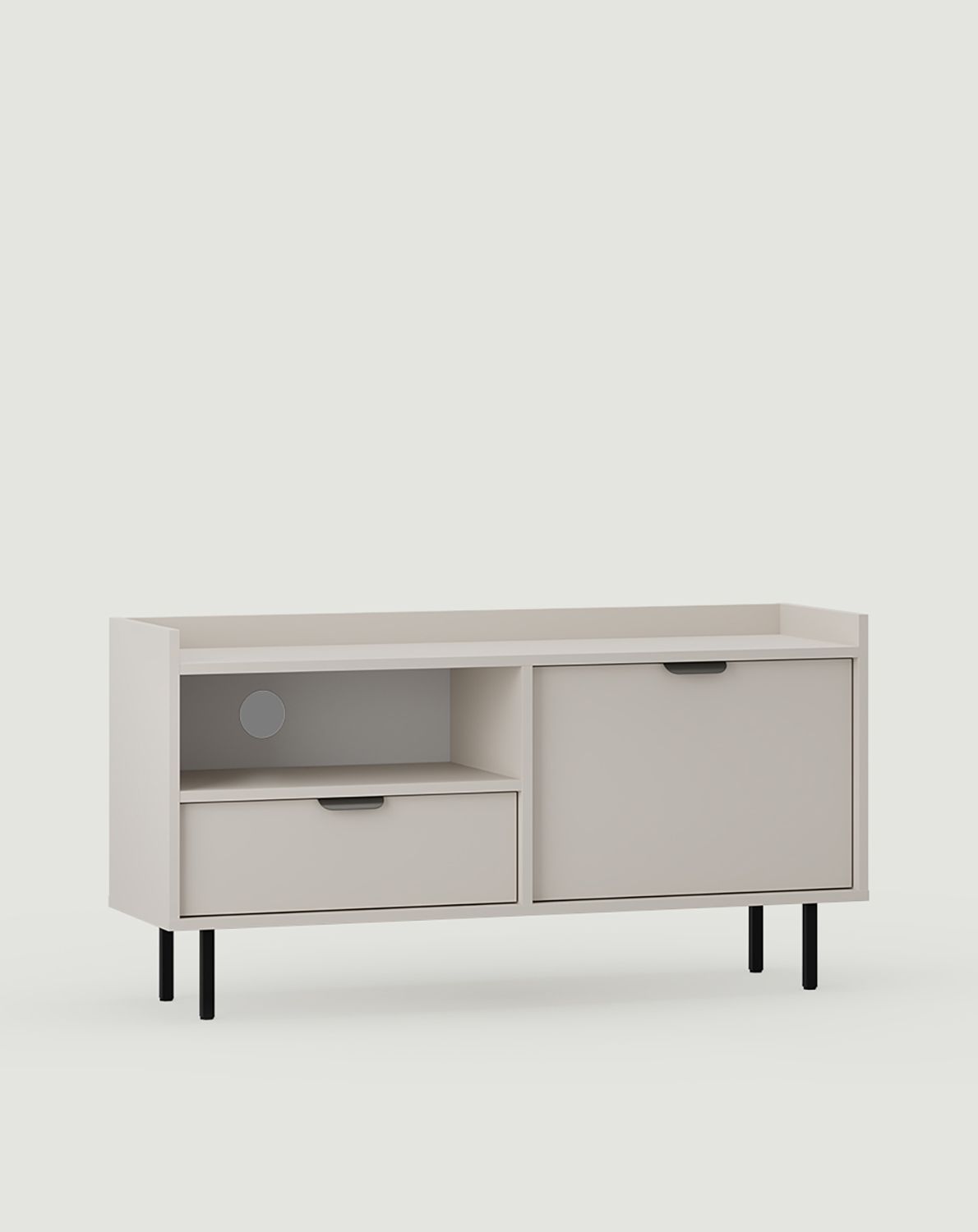 RTV-Schrank SIGI S2TV1
Farbe: Woolly Cashmere
Bein: Schwarz
Griff: LAYERS 110 Griff aus tiefem Basalt
                            