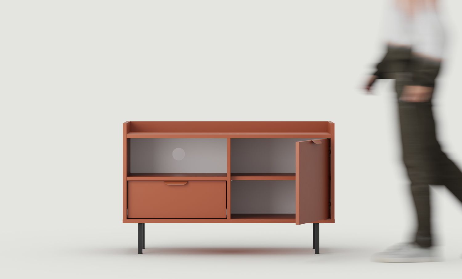 RTV-Schrank SIGI S2TV1
Farbe: Feuriges Terrakotta
Bein: Schwarz
Griff: LAYERS 110 Flamme Terrakotta