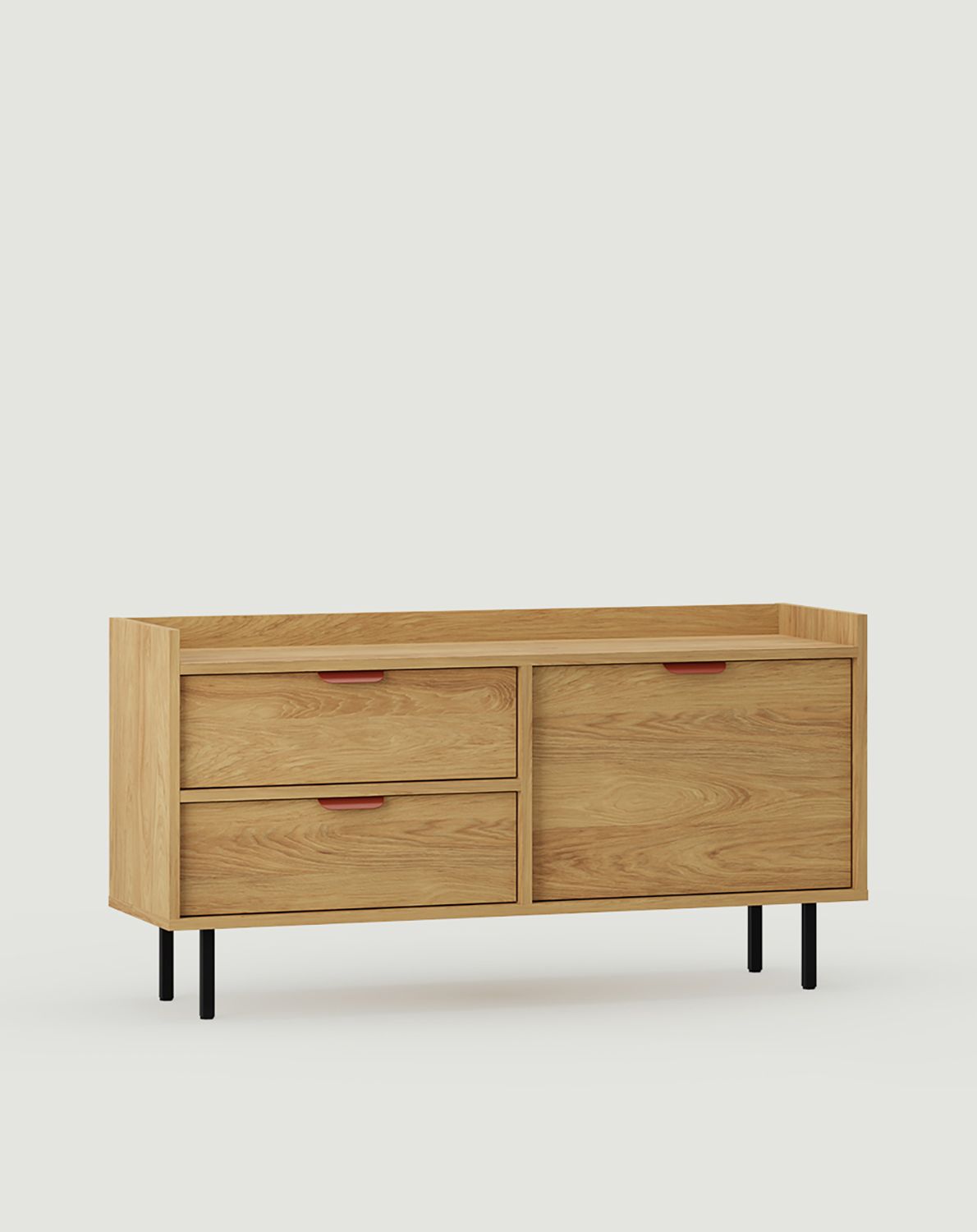 RTV-Schrank SIGI S2TV2S
Farbe: Hickory Natur
Bein: Schwarz
Griff: LAYERS 110 Fire Terracotta Kantengriff
                            