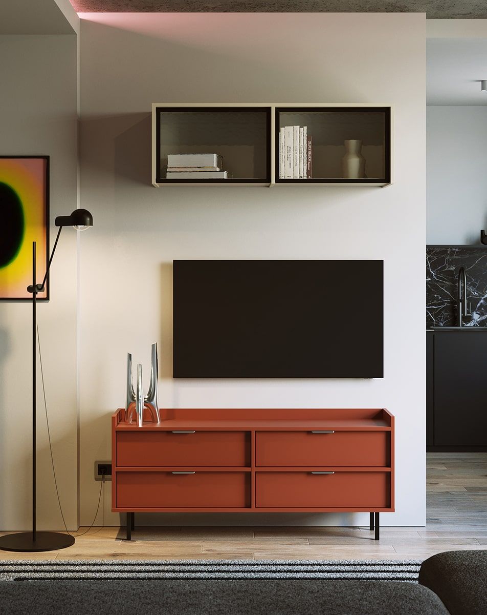 RTV-Schrank SIGI S2TV4S
Farbe: Feuriges Terrakotta
Bein: Schwarz
Griff: LING Silber