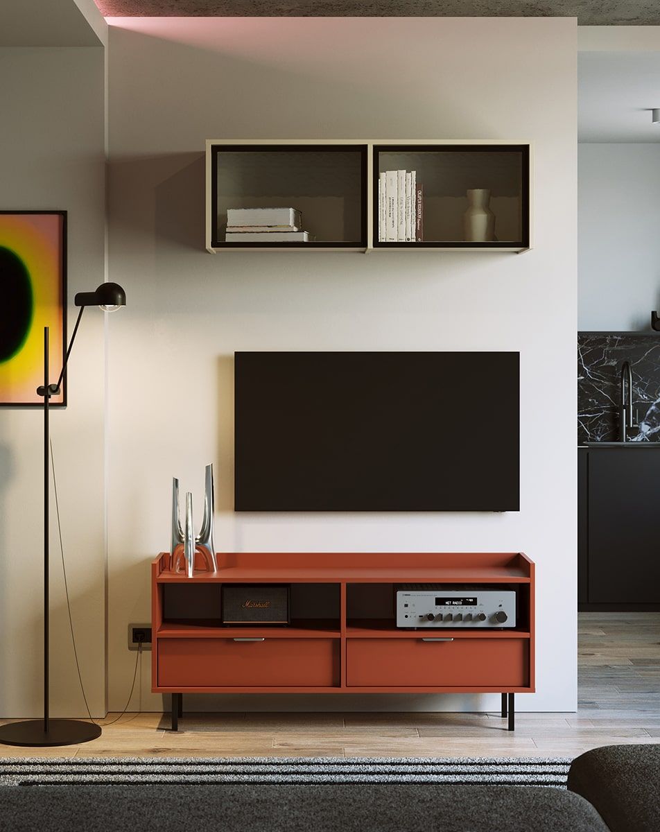 RTV-Schrank SIGI S2TV5
Farbe: Feuriges Terrakotta
Bein: Schwarz
Griff: LING Silber