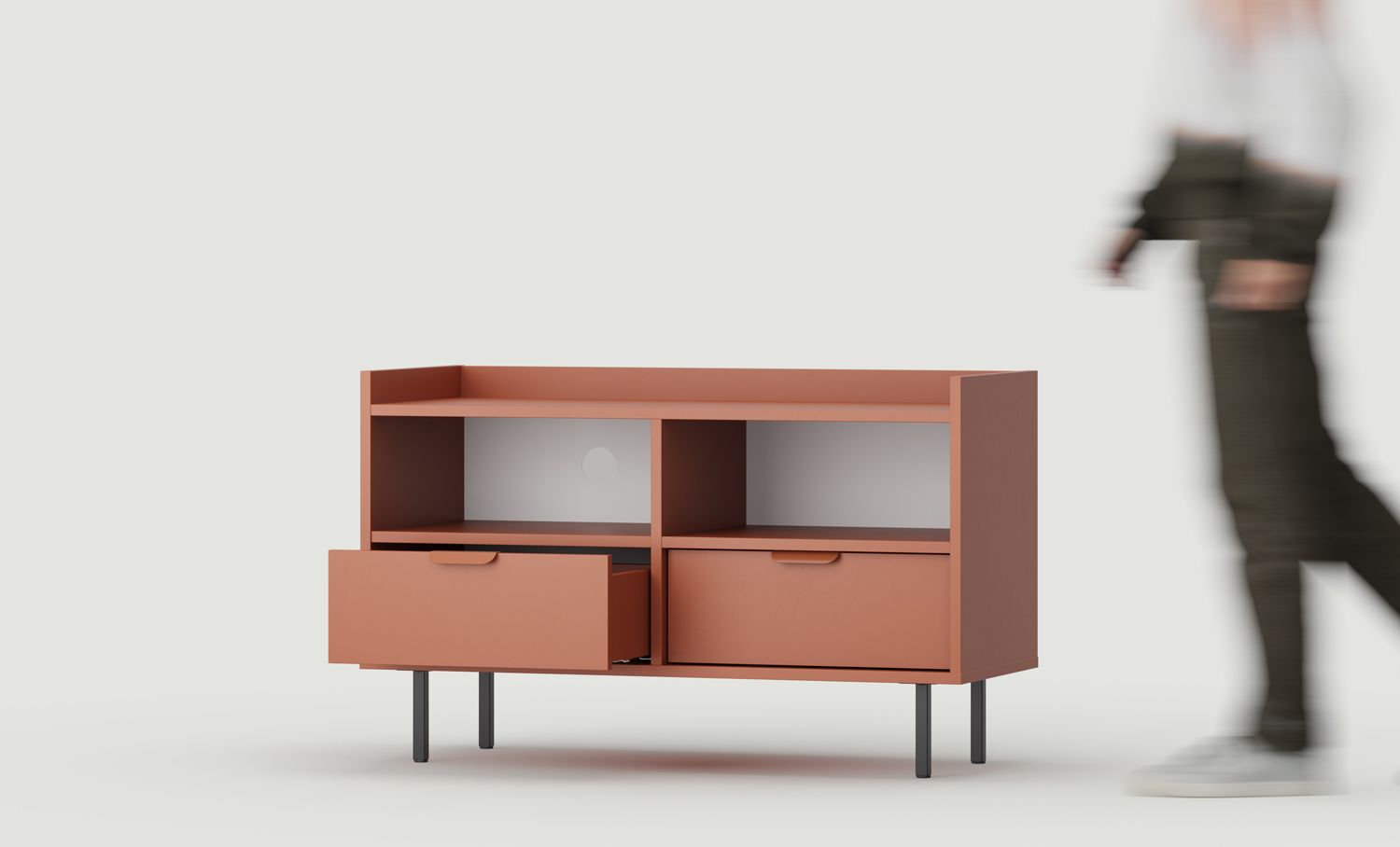 RTV-Schrank SIGI S2TV5
Farbe: Feuriges Terrakotta
Bein: Schwarz
Griff: LAYERS 110 Flamme Terrakotta