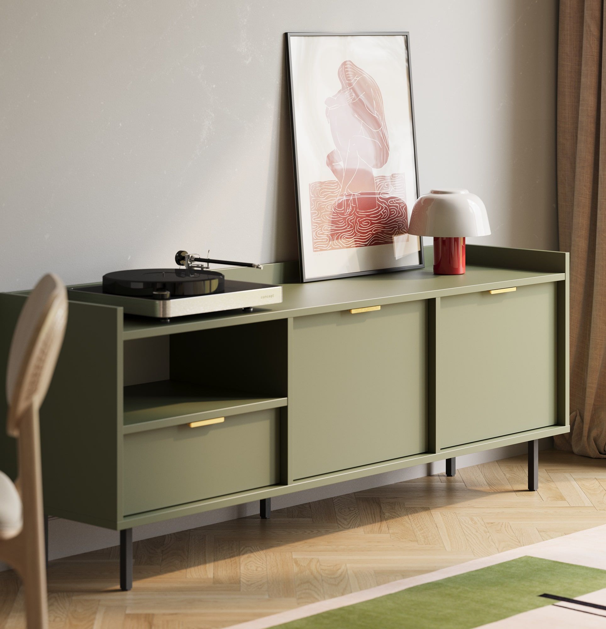 RTV-Schrank SIGI STV1
Farbe: Zypressengrün
Fuß: Schwarz
Handgriff: LING Gold