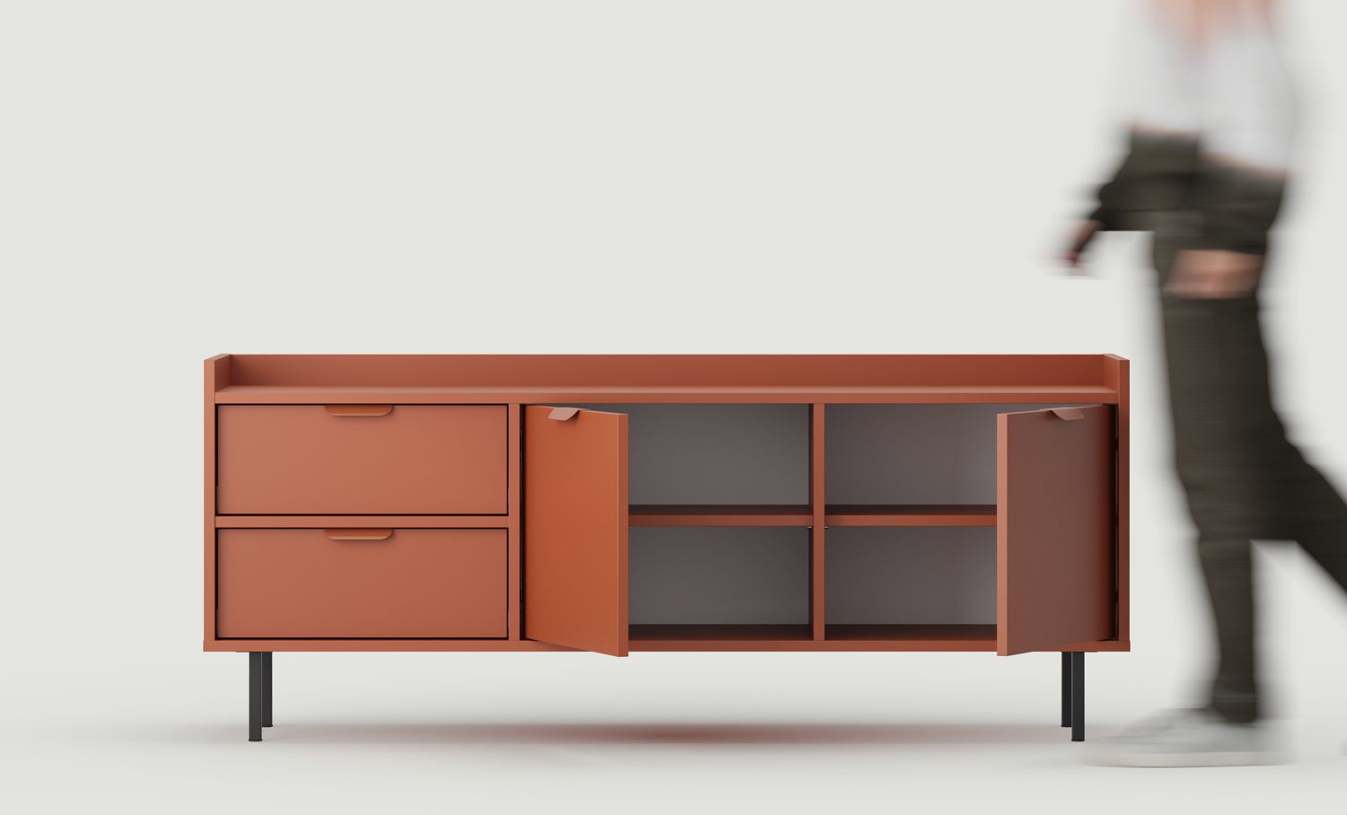 RTV-Schrank SIGI STV2S
Farbe: Feuriges Terrakotta
Bein: Schwarz
Griff: LAYERS 110 Feuer-Terrakotta