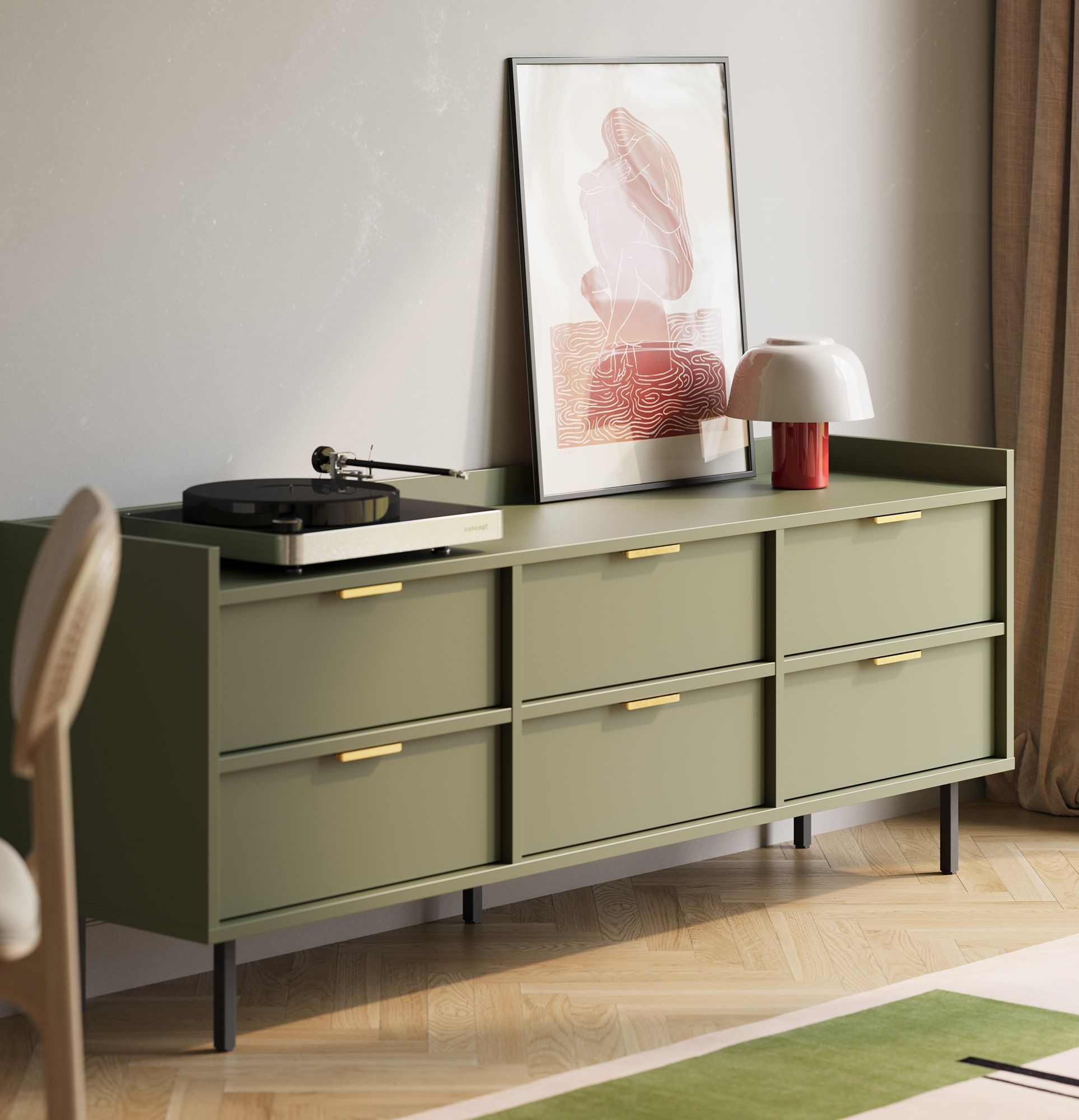 RTV-Schrank SIGI STV6S
Farbe: Zypressengrün
Fuß: Schwarz
Griff: LING Gold
