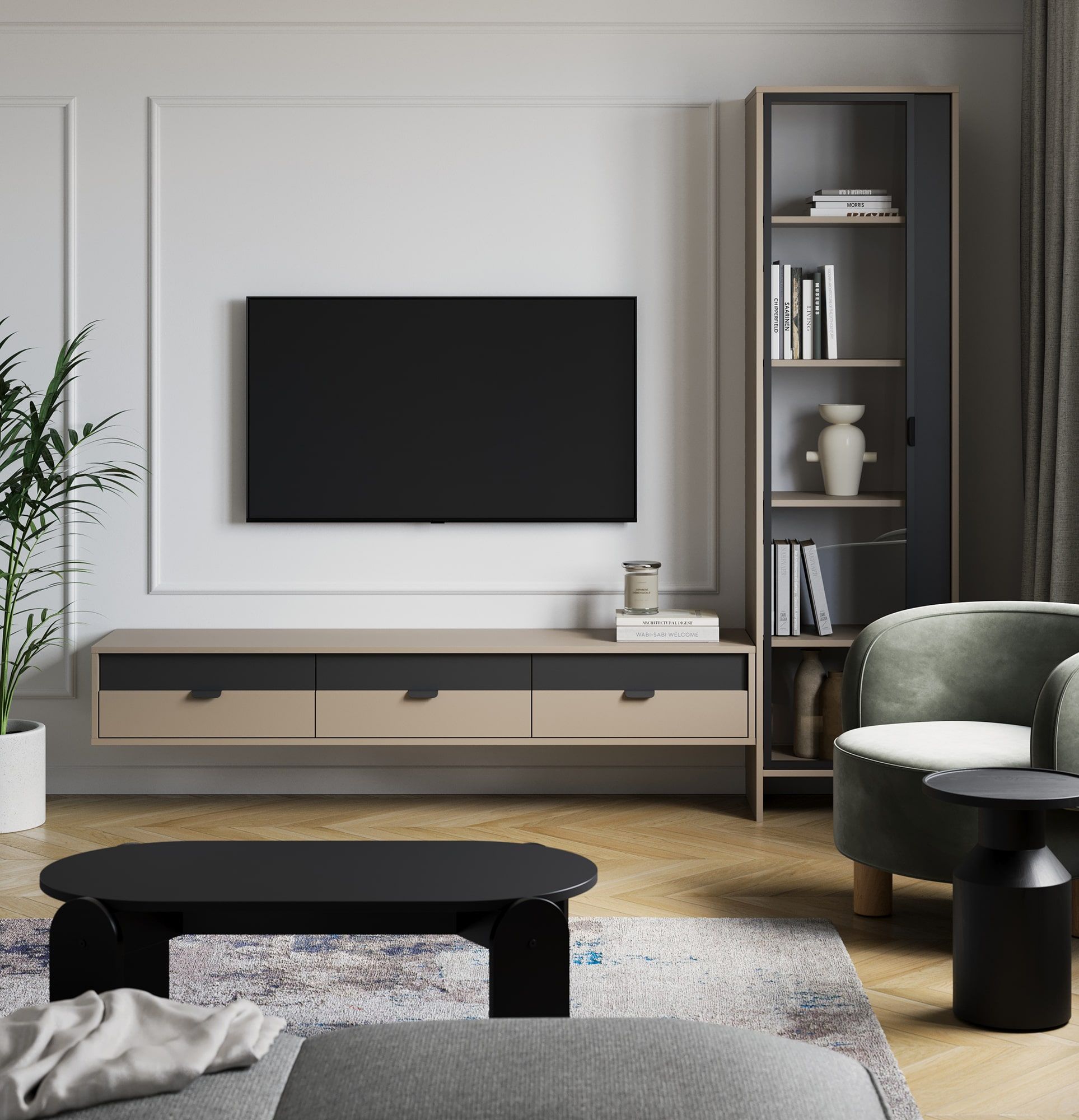 LAYERS wandmontierter RTV-Schrank LAY06
Farbe: Cappuccino
Zweite Schicht Frontfarbe: Deep Basalt
Griff: LAYERS 110 Griff aus tiefem Basalt