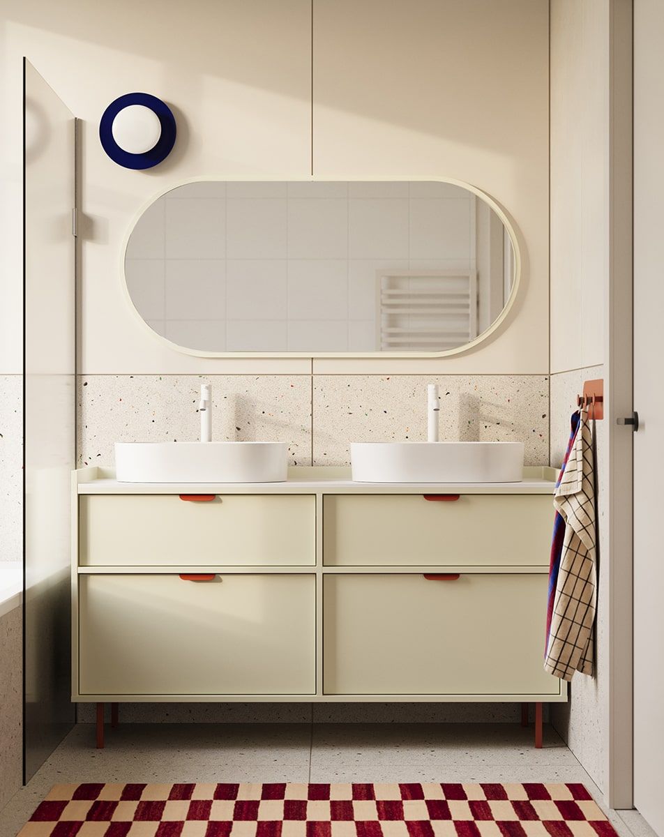 SIGI Schrank mit zwei Waschbecken OMNIRES S2U03
Farbe: Milky Way
Bein: Feurige Terrakotta
Griff: LAYERS 110 Feuer-Terrakotta
Waschbecken: OVO M+ Weiß glänzend OMNIRES
Wasserhahn: Tall Y Weiß matt OMNIRES
                            