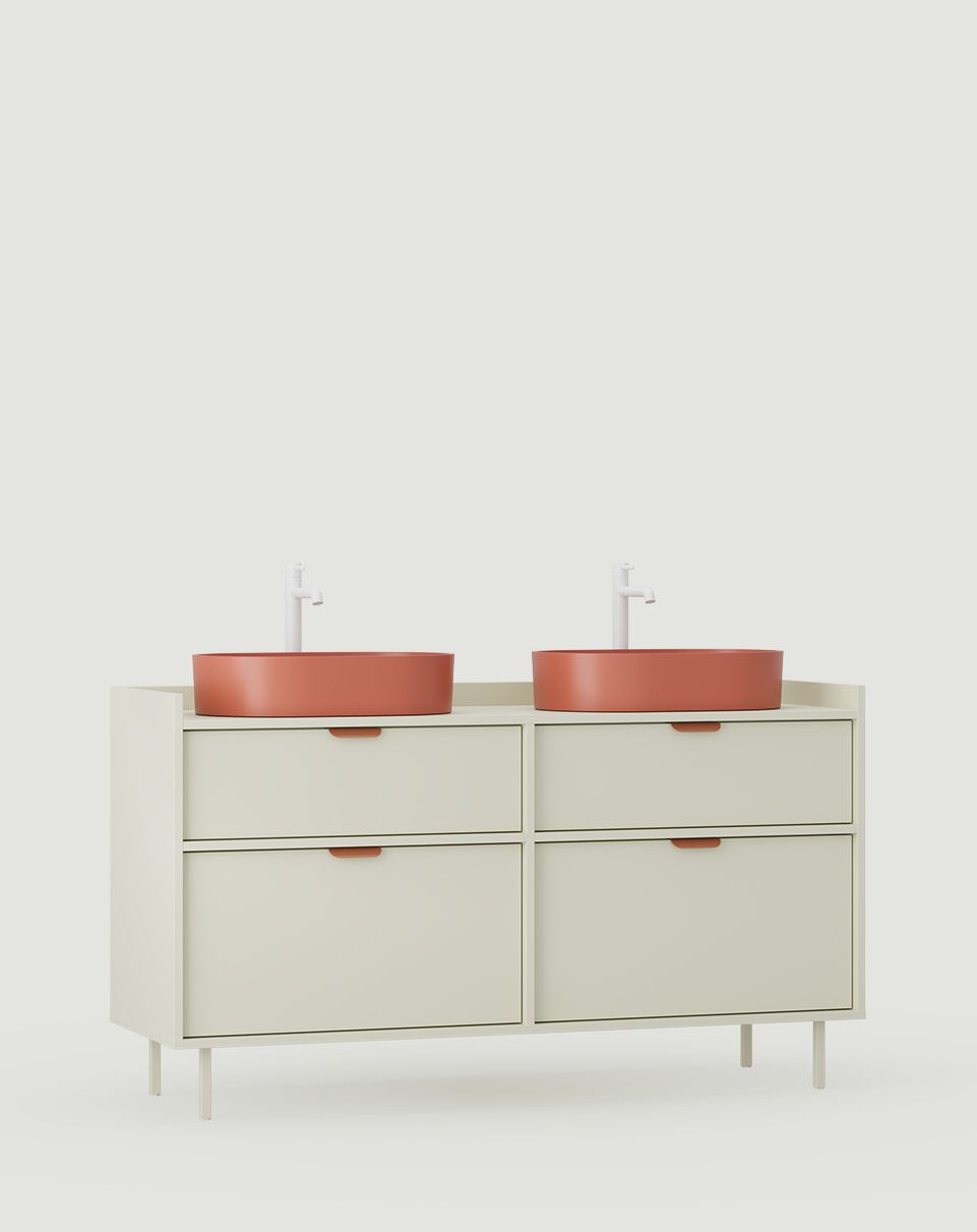 SIGI Schrank mit zwei Waschbecken OMNIRES S2U03
Farbe: Milky Way
Fuß: Milky Way
Griff: LAYERS 110 Sahara Deep
Waschbecken: OVO M+ Terracotta OMNIRES
Wasserhahn: Tall Y Weiß Matt OMNIRES