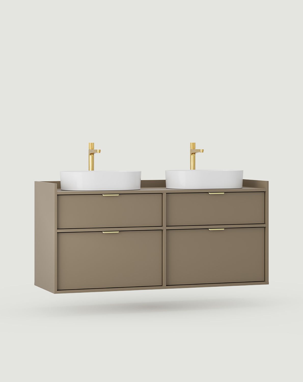 SIGI Schrank mit zwei Waschbecken OMNIRES wandhängend WS2U03
Farbe: Kaffeebraun
Bein: Milky Way
Griff: LING Gold
Waschbecken: OVO M+ Weiß glänzend OMNIRES
Wasserhahn: Contour Gold Gebürstet OMNIRES
                            