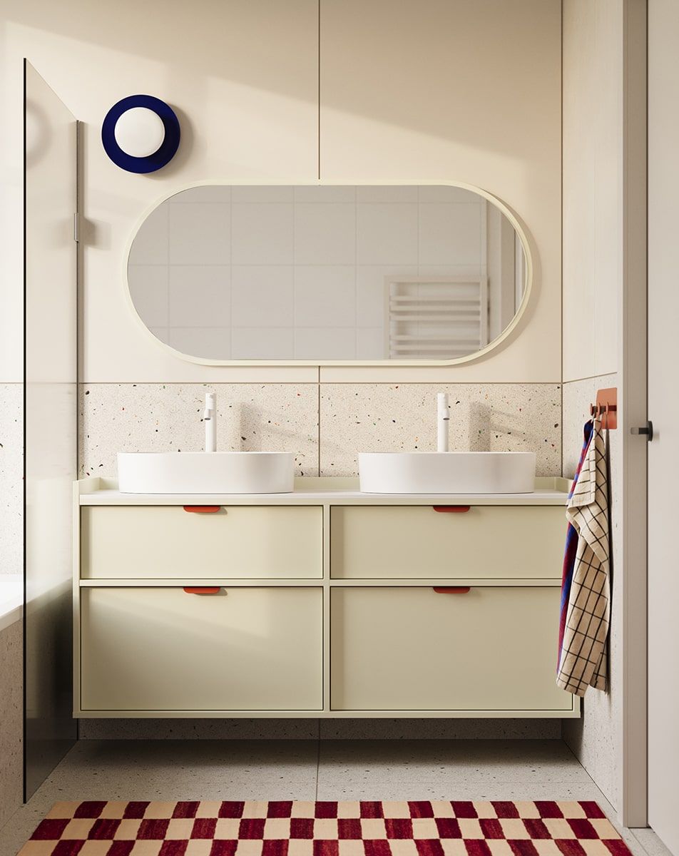SIGI Schrank mit zwei Waschbecken OMNIRES wandhängend WS2U03
Farbe: Milky Way
Griff: LAYERS 110 Feuriges Terrakotta
Waschbecken: OVO M+ Weiß glänzend OMNIRES
Wasserhahn: Tall Y Weiß Matt OMNIRES
                            