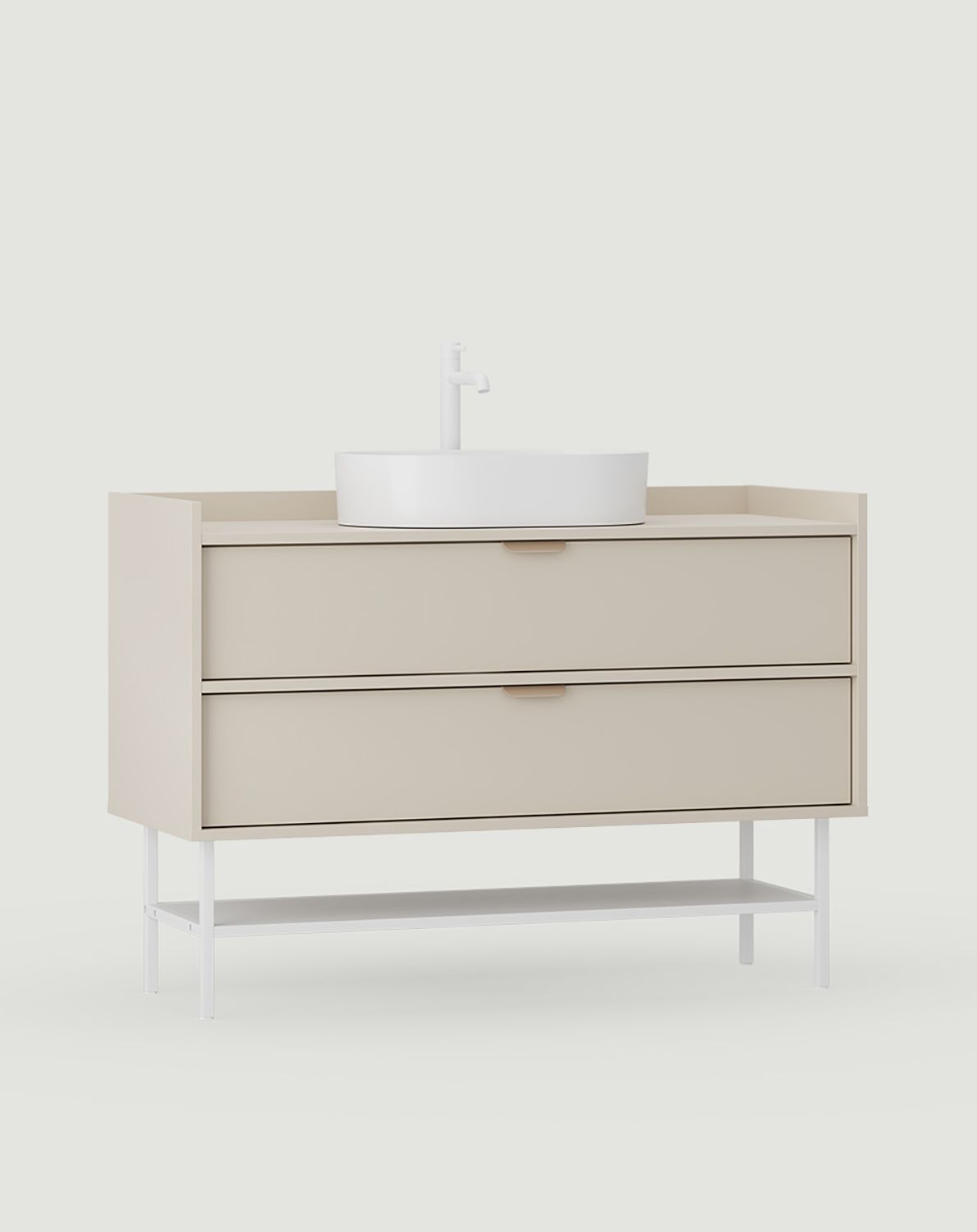 SIGI-Schrank mit OMNIRES-Waschtisch SU02
Farbe: Wrapping Cashmere
Bein: Weiß
Griff: LAYERS 110 Cappuccino
Waschbecken: OVO M+ Weiß glänzend OMNIRES
Wasserhahn: Tall Y Weiß matt OMNIRES
                            