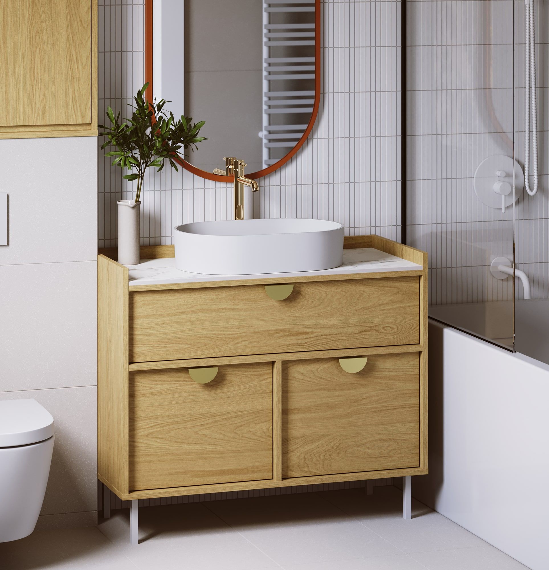 SIGI Schrank mit Waschbecken OMNIRES SU01
Farbe: Eiche natur
Bein: Weiß
Griff: RIND Griff Gold
Waschtisch: OVO M+ Weiß glänzend OMNIRES
Wasserhahn: Hoch Y Gold OMNIRES
Arbeitsplatte: Marmor Gold