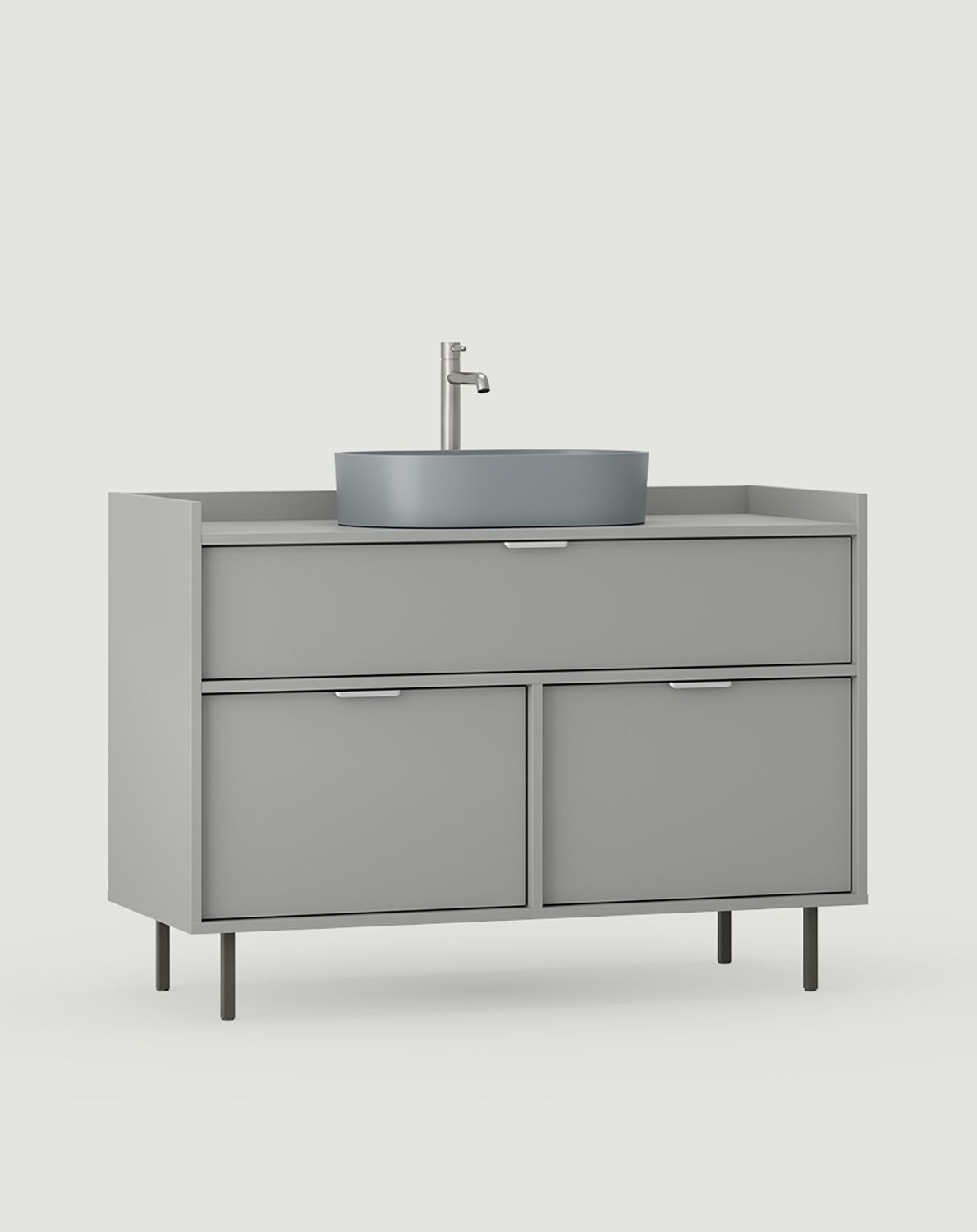SIGI Schrank mit Waschbecken OMNIRES SU01
Farbe: Moon Dust
Bein: Milky Way
Griff: LING Silber
Waschbecken: OVO M+ Aschgrau OMNIRES
Wasserhahn: Tall Y Nickel OMNIRES
                            