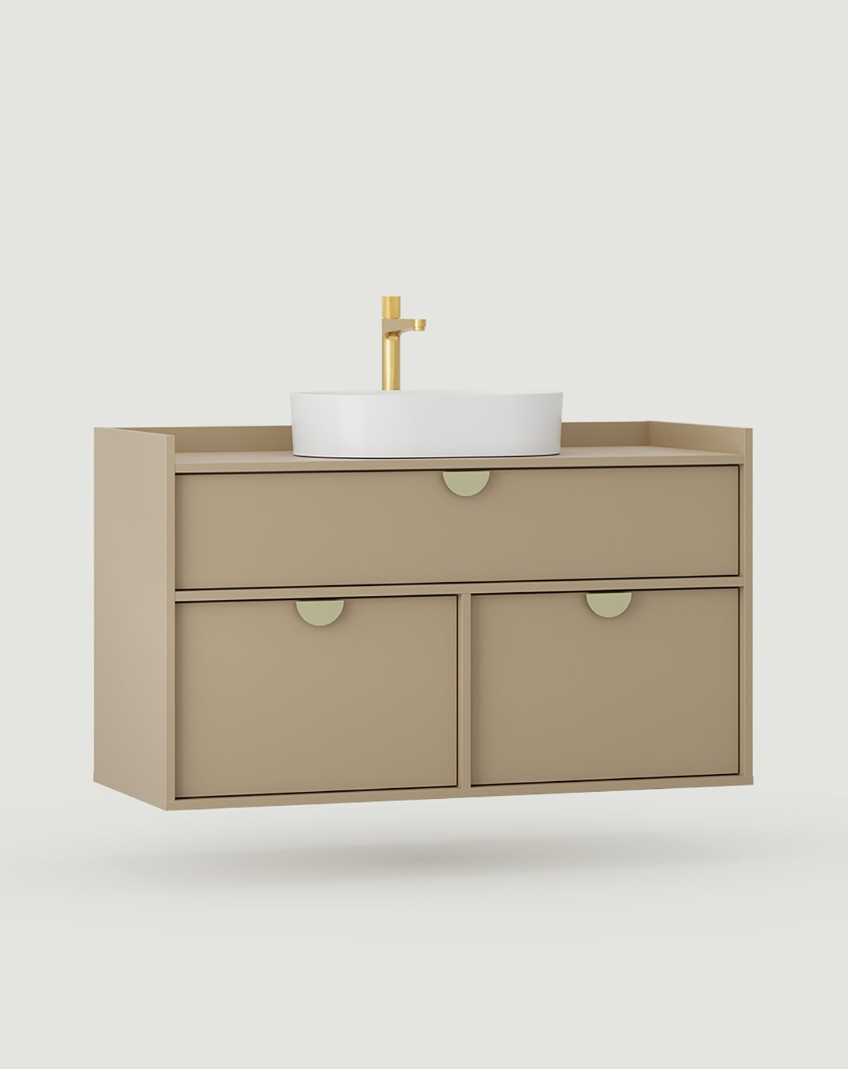 SIGI Schrank mit Waschbecken OMNIRES wandhängend WSU01
Farbe: Cappuccino
Griff: RIND Griff Schwarz
Waschbecken: OVO M+ Weiß glänzend OMNIRES
Wasserhahn: High Contour Gold gebürstet OMNIRES
                            