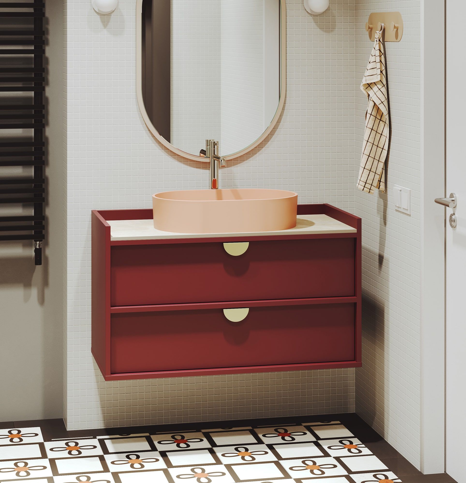 SIGI Schrank mit Waschbecken OMNIRES wandhängend WSU02
Farbe: Marseille Burgund
Griff: RIND Griff Gold
Waschbecken: OVO M+ Koralle OMNIRES
Wasserhahn: Tall Y Gold OMNIRES
Arbeitsplatte: Creamy Onyx