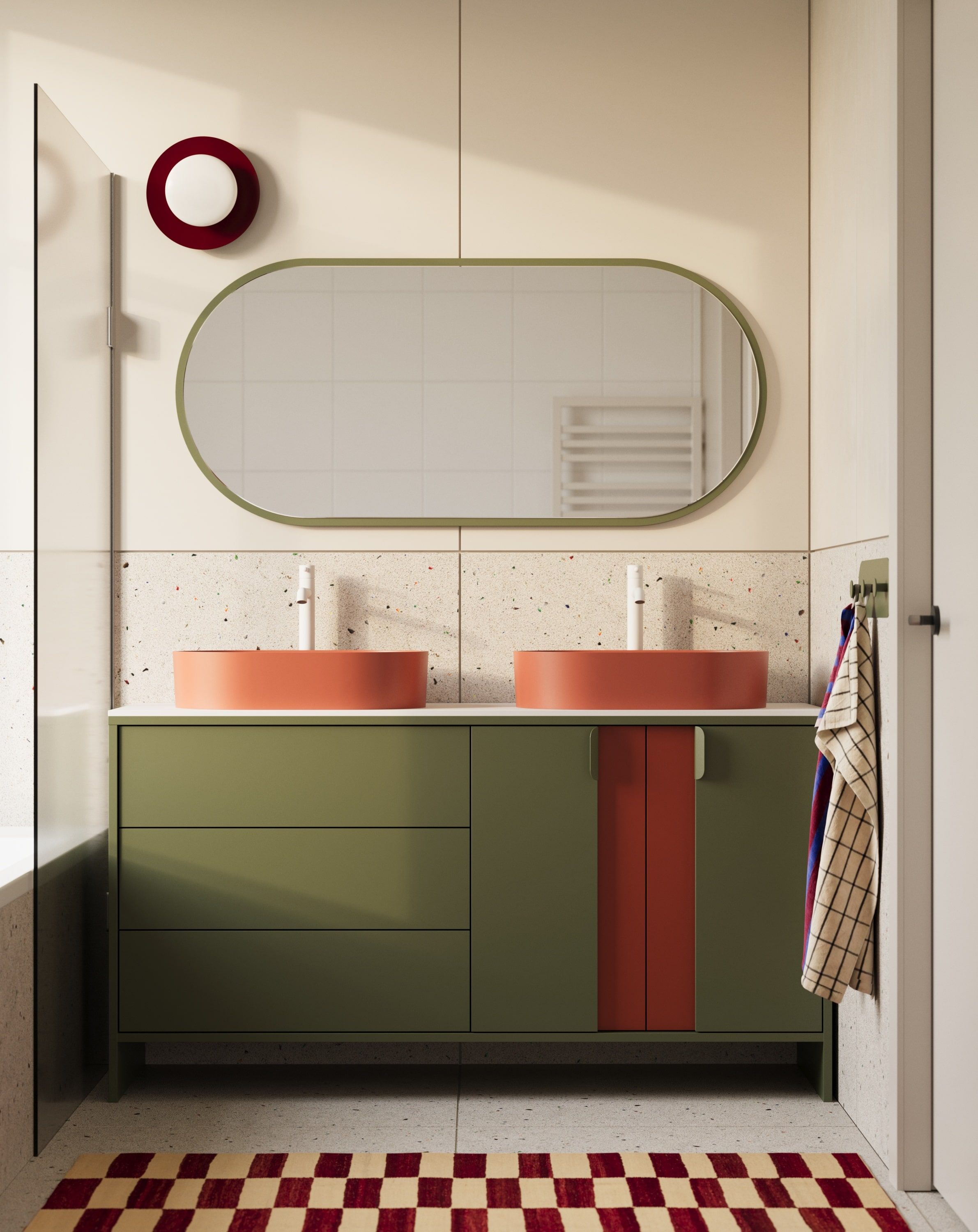 OMNIRES LAYERS LAY74 Doppelwaschbeckenschrank
Farbe: Cypress Green
Zweite Schicht Frontfarbe: Feuriges Terrakotta
Griff: LAYERS 110 Griff Zypressengrün
Waschtisch: OVO M+ Terracotta OMNIRES
Wasserhahn: Tall Y Weiß Matt OMNIRES
Arbeitsplatte: Weiß Kr