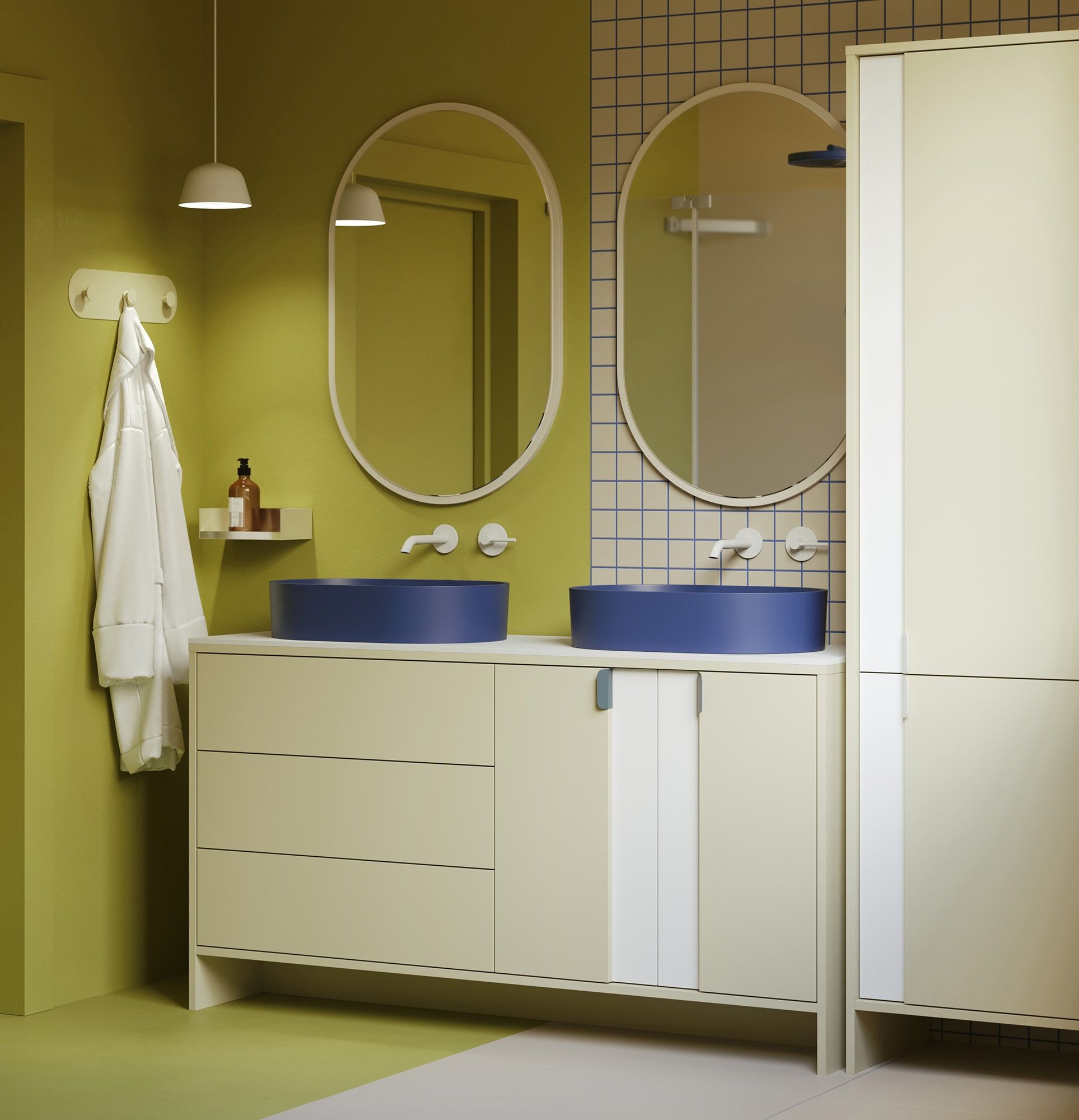 OMNIRES LAYERS LAY74 Doppelwaschbeckenschrank
Farbe: Milky Way
Zweite Schicht Frontfarbe: Porzellanweiß
Griff: LAYERS 110 Night Sailing Griff
Waschtisch: OVO M+ Midnight Blue OMNIRES
Arbeitsplatte: White Crystal Sinter