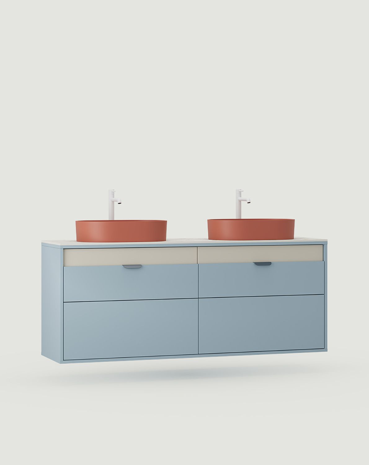 OMNIRES Doppelwaschtisch-Wandschrank mit Schubladen LAYERS LAY72
Farbe: Taubenblau
Farbe der zweiten Schicht der Front: Milky Way
Griff: LAYERS 110 Night Sailing Griff
Waschtisch: OVO M+ Terracotta OMNIRES
Wasserhahn: Tall Y Weiß matt OMNIRES
Bla