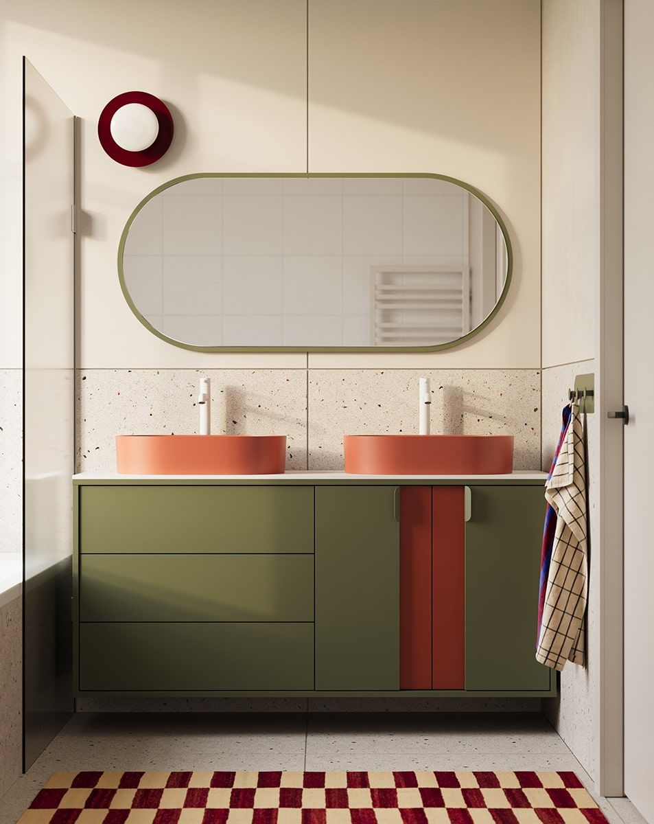 OMNIRES LAYERS wandhängender Schrank mit zwei Waschbecken LAY76
Farbe: Zypressengrün
Zweite Schicht Frontfarbe: Feuriges Terrakotta
Griff: LAYERS 110 Griff Zypressengrün
Waschtisch: OVO M+ Terracotta OMNIRES
Wasserhahn: Tall Y Weiß Matt OMNIRES
Arbe