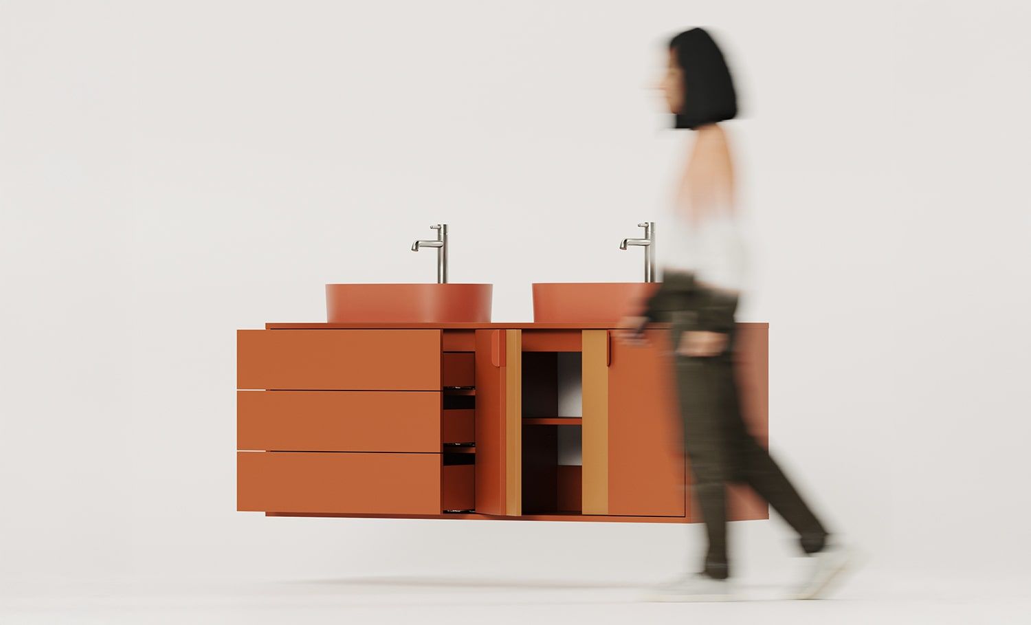 OMNIRES LAYERS Wand-Waschtischunterschrank für Doppelwaschbecken LAY76
Farbe: Fiery Terracotta
Zweite Schicht Frontfarbe: Sahara Deep
Griff: LAYERS 110 Fire Terracotta
Waschbecken: OVO M+ Terracotta OMNIRES
Wasserhahn: Tall Y Nickel OMNIRES