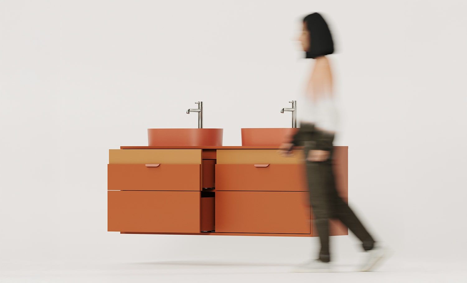 OMNIRES Doppelwaschtisch-Wandschrank mit Schubladen LAYERS LAY72
Farbe: Fiery Terracotta
Zweite Schicht Frontfarbe: Sahara Deep
Griff: LAYERS 110 Feuer-Terrakotta
Waschtisch: OVO M+ Terracotta OMNIRES
Wasserhahn: Tall Y Nickel OMNIRES