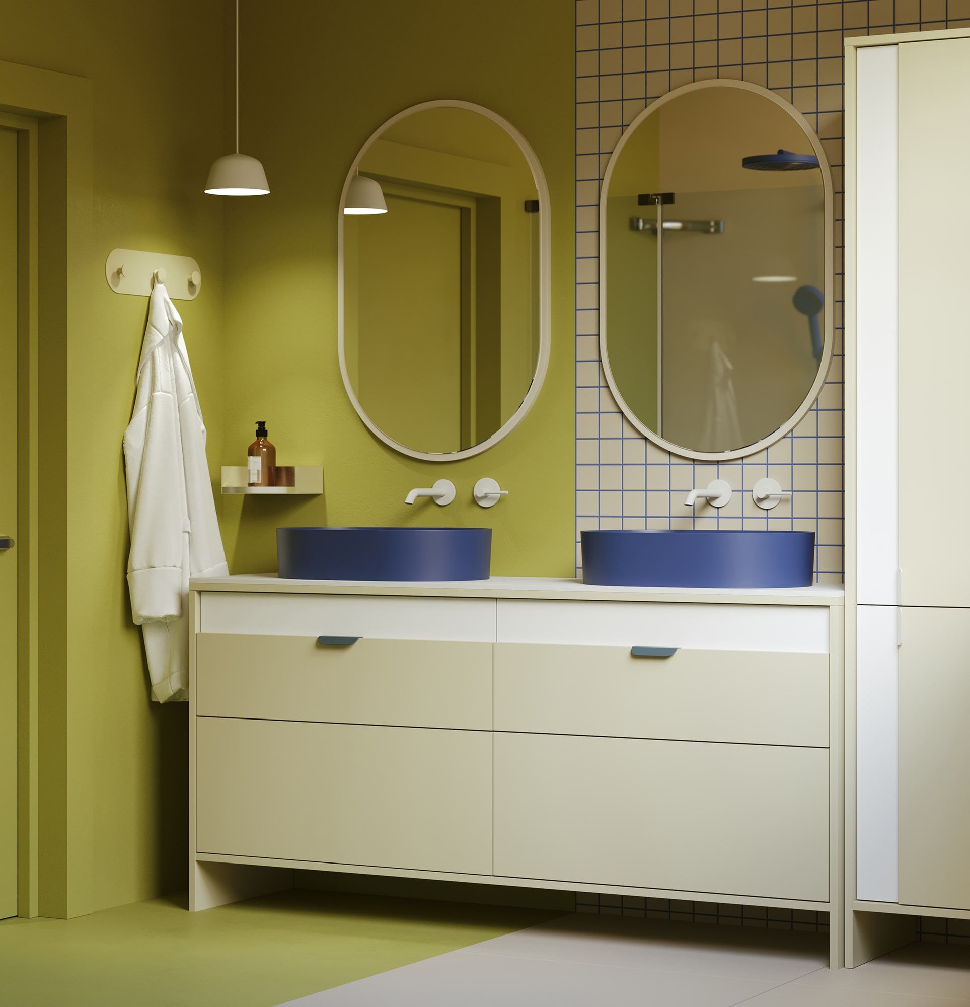 OMNIRES Doppelwaschbeckenschrank mit Schubladen LAYERS LAY78
Farbe: Milky Way
Zweite Schicht Frontfarbe: Porzellanweiß
Griff: LAYERS 110 Night Sailing Griff
Waschtisch: OVO M+ Midnight Blue OMNIRES
Arbeitsplatte: White Crystal Sinter
