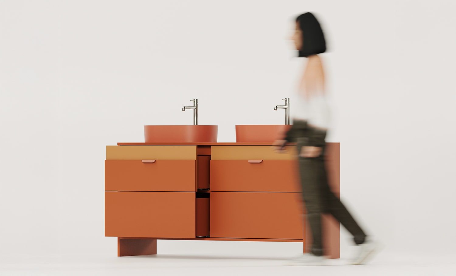 OMNIRES Doppelwaschbeckenschrank mit Schubladen LAYERS LAY78
Farbe: Fiery Terracotta
Zweite Schicht Frontfarbe: Sahara Deep
Griff: LAYERS 110 Fire Terracotta
Waschtisch: OVO M+ Terracotta OMNIRES
Wasserhahn: Tall Y Nickel OMNIRES