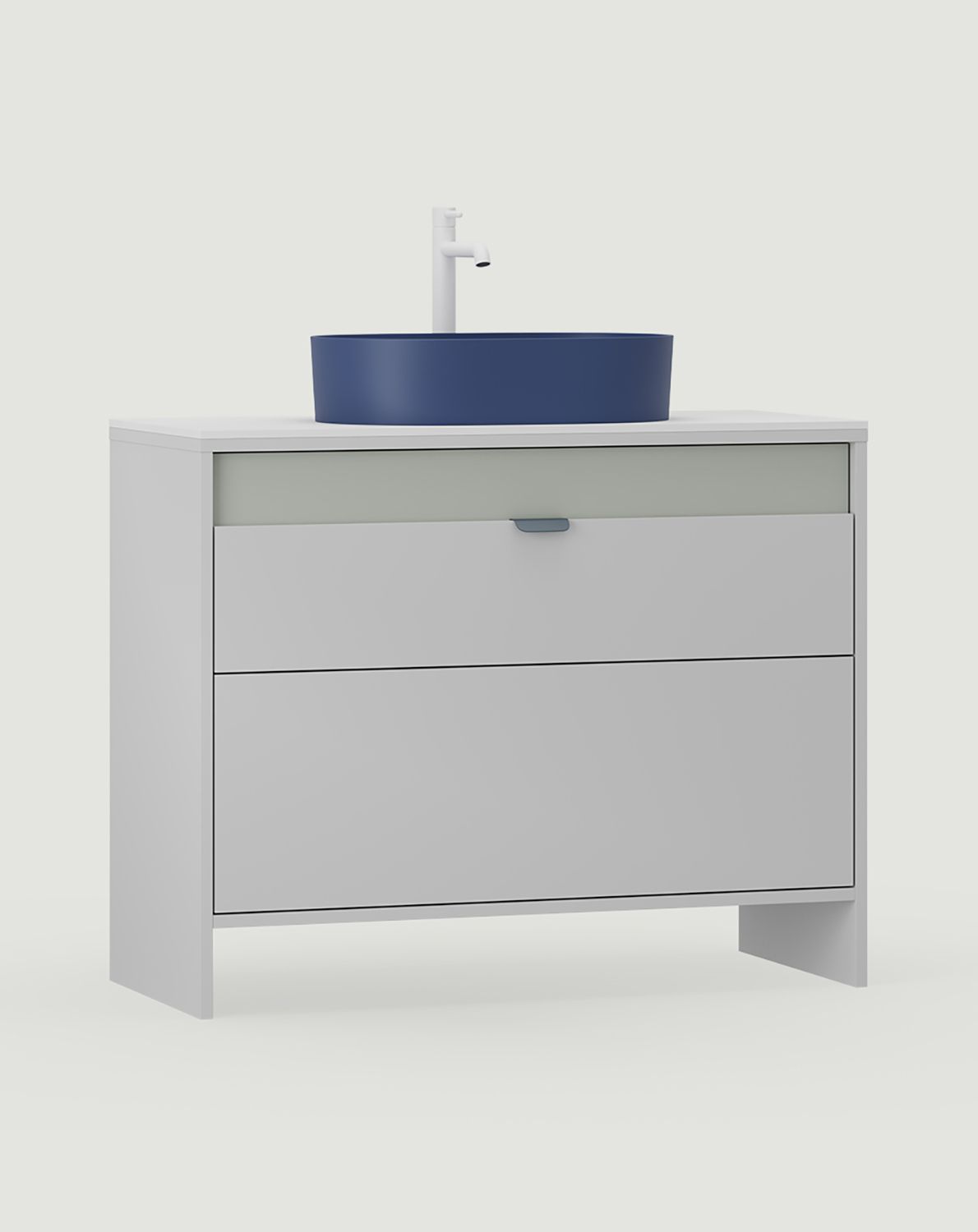 OMNIRES Stehender Waschbeckenschrank mit Schubladen LAYERS LAY61
Farbe: Silent Grey
Zweite Schicht Frontfarbe: Milk Pistachio
Griff: LAYERS 110 Night Sailing Griff
Waschbecken: OVO M+ Midnight Blue OMNIRES
Wasserhahn: Tall Y Weiß Matt OMNIRES
Arbeit