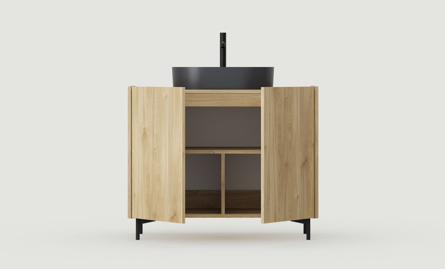 Unterschrank mit Waschbecken OMNIRES SKRA SKR65
Farbe: Eiche Honig
Beine: Schwarz
Waschtisch: OVO M+ Schwarz