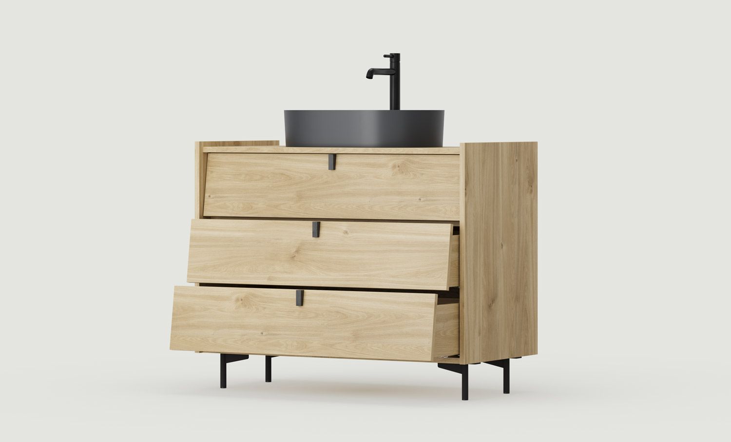 Unterschrank mit Waschbecken OMNIRES SKRA SKR66
Farbe: Eiche Honig
Griff: Wedge Schwarz
Bein: Milky Way
Waschtisch: OVO M+ Schwarz