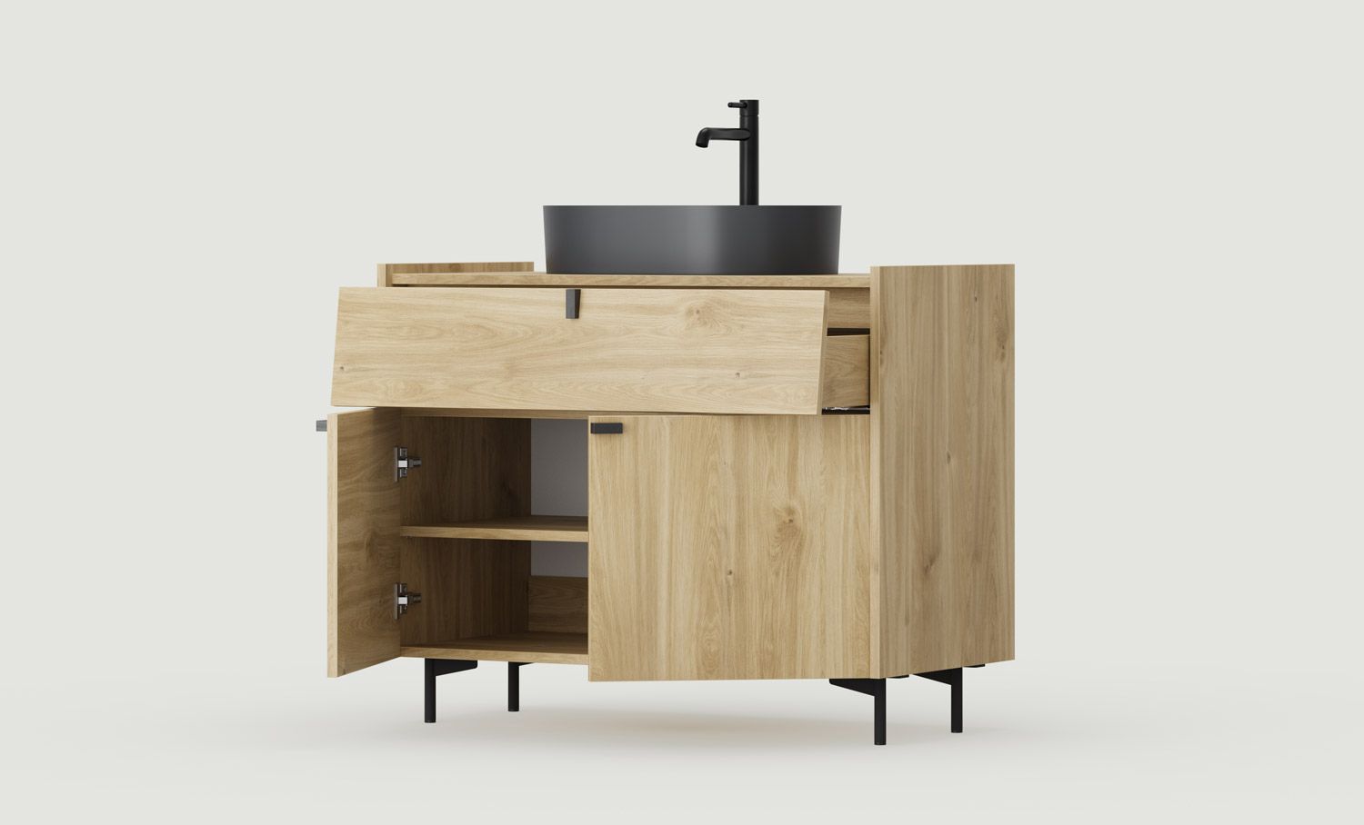 Unterschrank mit Waschbecken OMNIRES SKRA SKR67
Farbe: Eiche Honig
Griff: Keil Schwarz
Bein: Schwarz
Waschbecken: OVO M+ Schwarz
Wasserhahn: Tall Y Schwarz