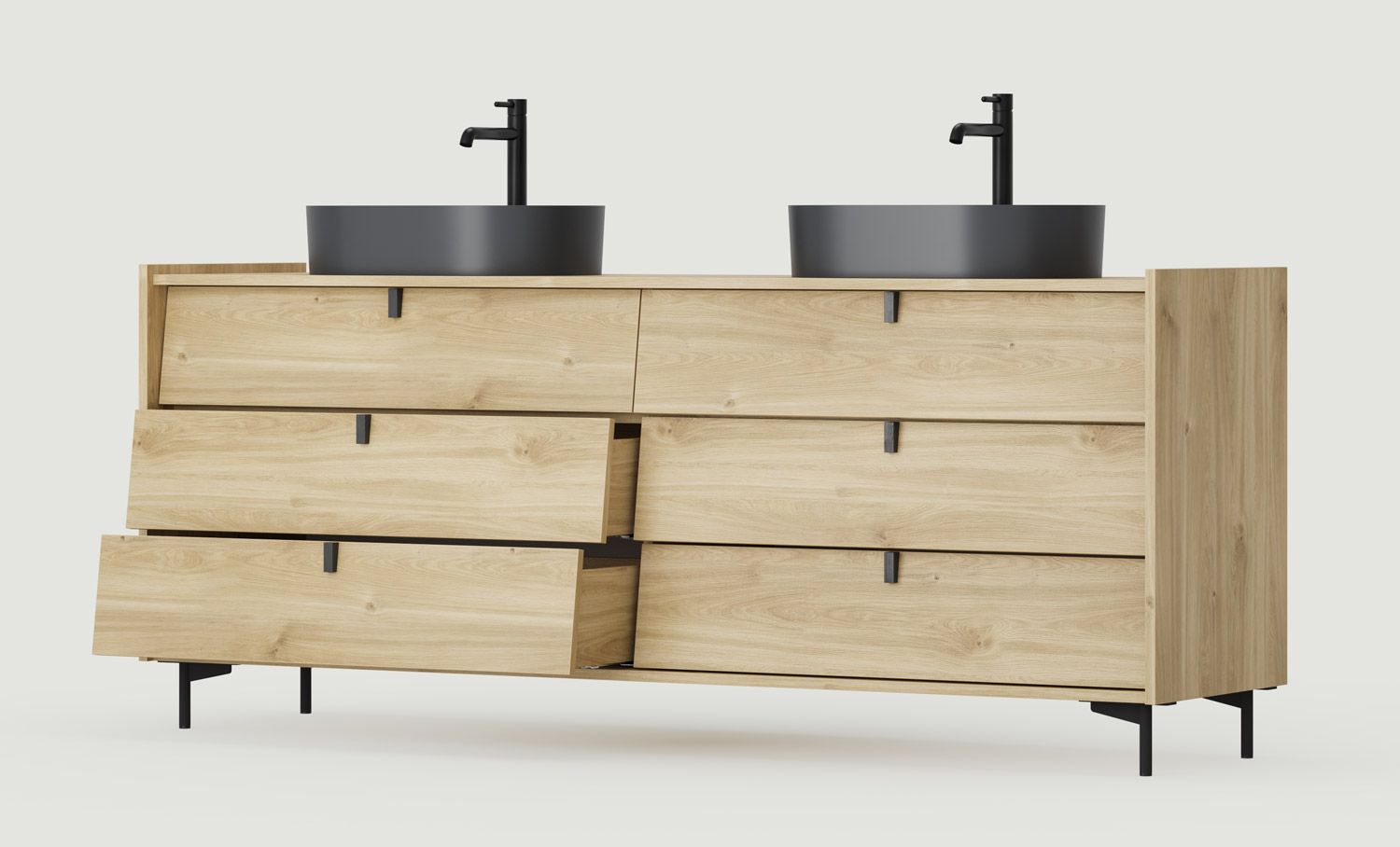 Doppelwaschtischschrank SKRA SKR69
Farbe: Eiche Honig
Bein: Schwarz
Griff: Wedge Schwarz
Waschbecken: OVO M+ Schwarz OMNIRES
Wasserhahn: Tall Y Schwarz OMNIRES