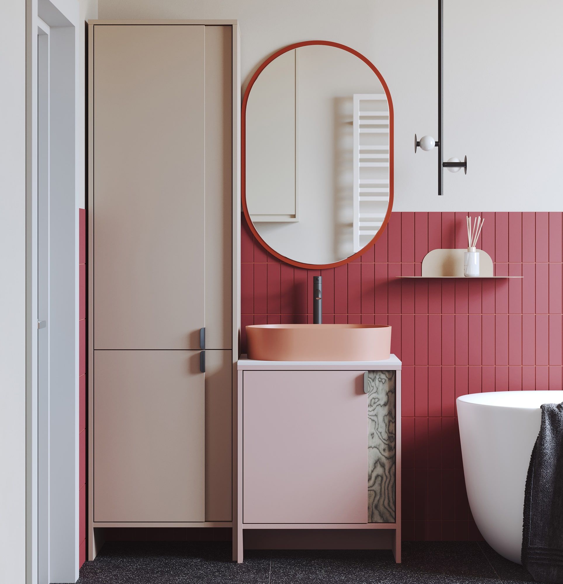 OMNIRES LAYERS LAY60 stehender Waschbeckenschrank
Farbe: Antique Rose
Zweite Schicht Frontfarbe: Sottsass Grau Furnier
Griff: LAYERS 110 Black Onyx
Waschtisch: OVO M+ Koralle OMNIRES
Wasserhahn: Tall Y Schwarz OMNIRES
Arbeitsplatte: White Crystal Sp