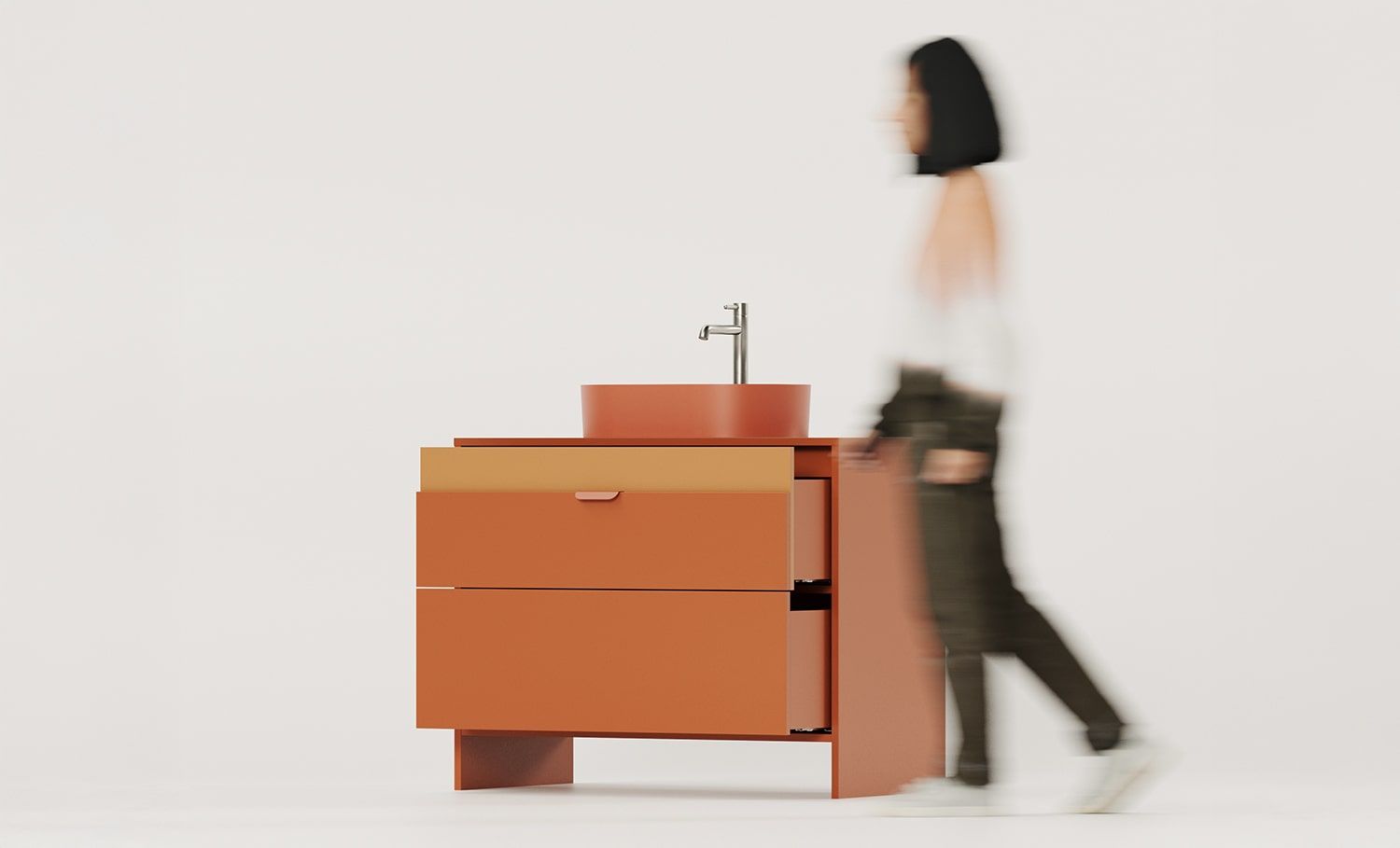 OMNIRES Stehender Waschbeckenschrank mit Schubladen LAYERS LAY61
Farbe: Fiery Terracotta
Zweite Schicht Frontfarbe: Sahara Deep
Griff: LAYERS 110 Feuer-Terrakotta
Waschbecken: OVO M+ Terracotta OMNIRES
Wasserhahn: Tall Y Nickel OMNIRES
         